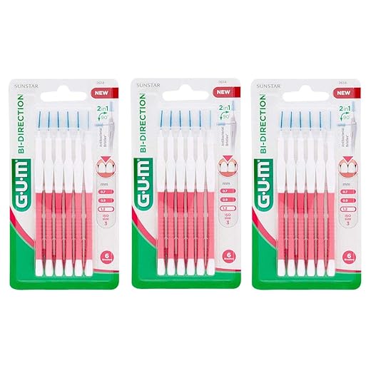 GUM Bi-Direction Lot de 3 paquets de 6 brossettes interdentaires Rose vif (sapin) 1,2 mm