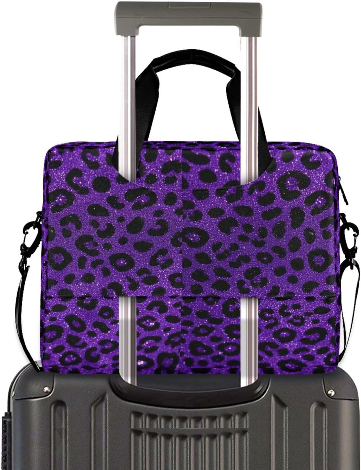 Laptop Case Portable Crossbody Messenger with Handle and Shoulder Strap 15.6 inch Computer Case Fake Glitter Leopard Print Purple