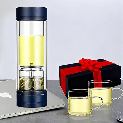 Juego de botellas de té de vidrio portátil de doble pared, vaso de té a prueba de fugas con infusor para regalos de té sueltos para hombres, 15.2