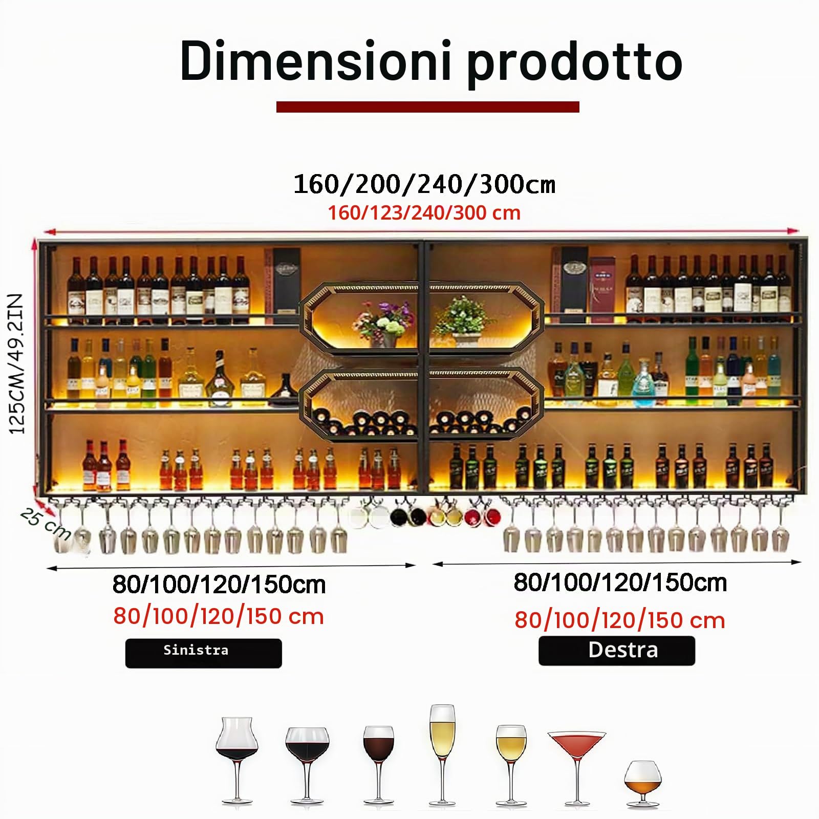 301cm Portabottiglie Da Parete con portabicchieri a LED, 4 ripiani Espositore Creativo Per Vino Da Parete, Metallo Porta Vino Portabottiglie da parete per bar, ristoranti e casa (301*125*25cm)