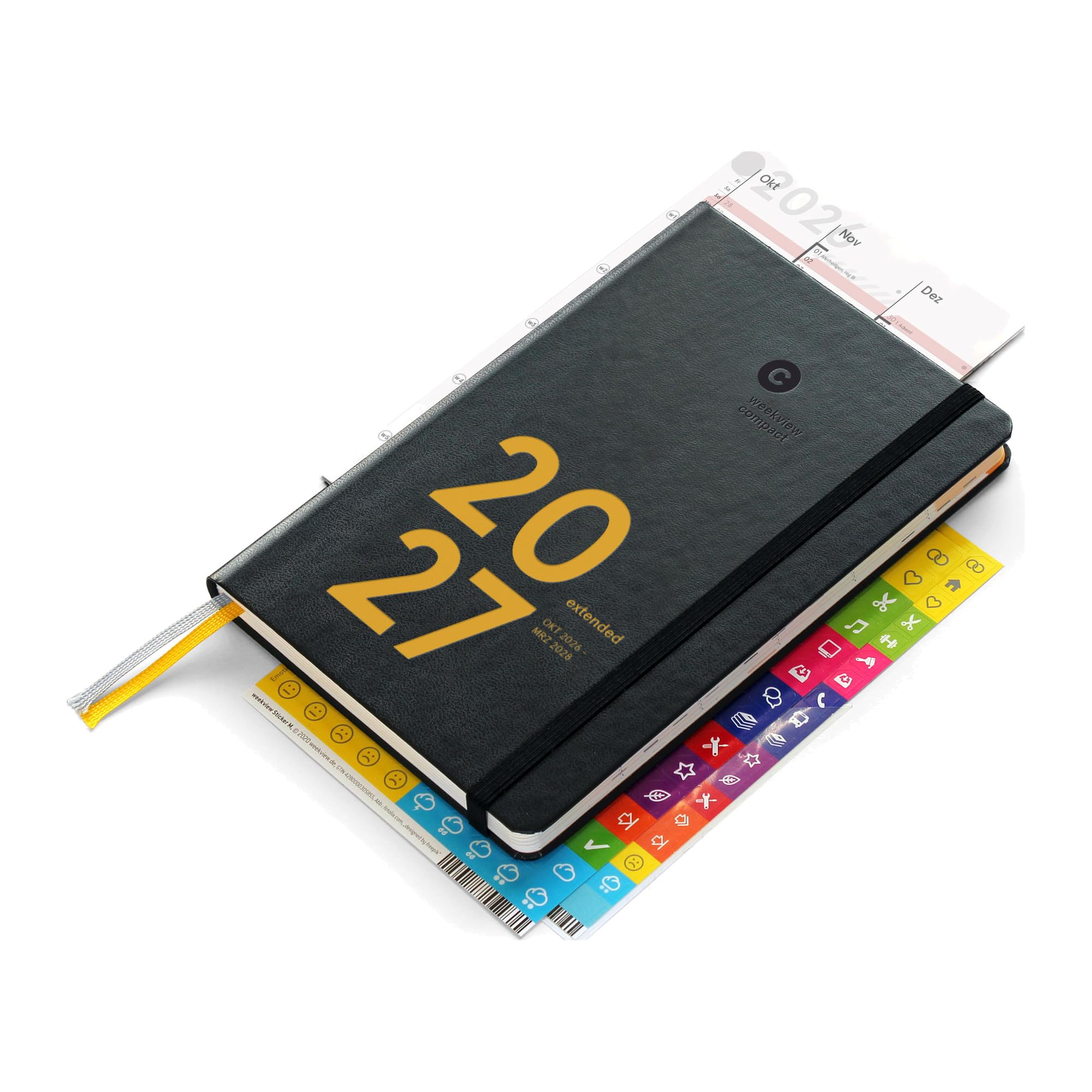 weekview compact extended 2027 Wochenplaner 18 Monate A6+ Black Classic | Okt 2026 bis März 2028, 1 Woche auf 2 Seiten, Jahresziele, Quartalssystem, Tafelkalender, Sticker