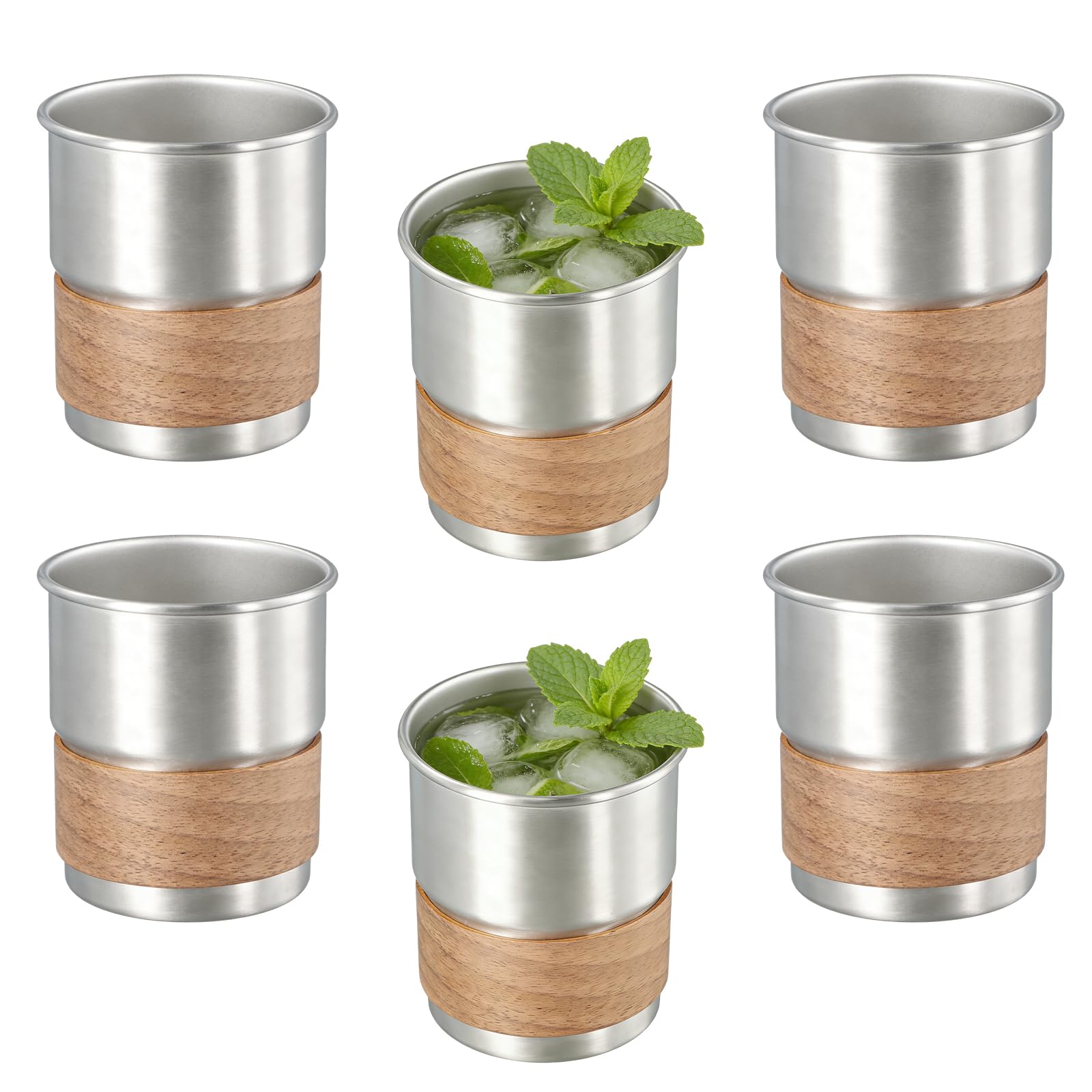 6 bicchieri in acciaio inox, 300 ml, a doppia parete, antiruggine, 304, in metallo, con manicotto in legno, impilabili, infrangibili, senza manico, per latte, caffè, vino, birra, cocktail