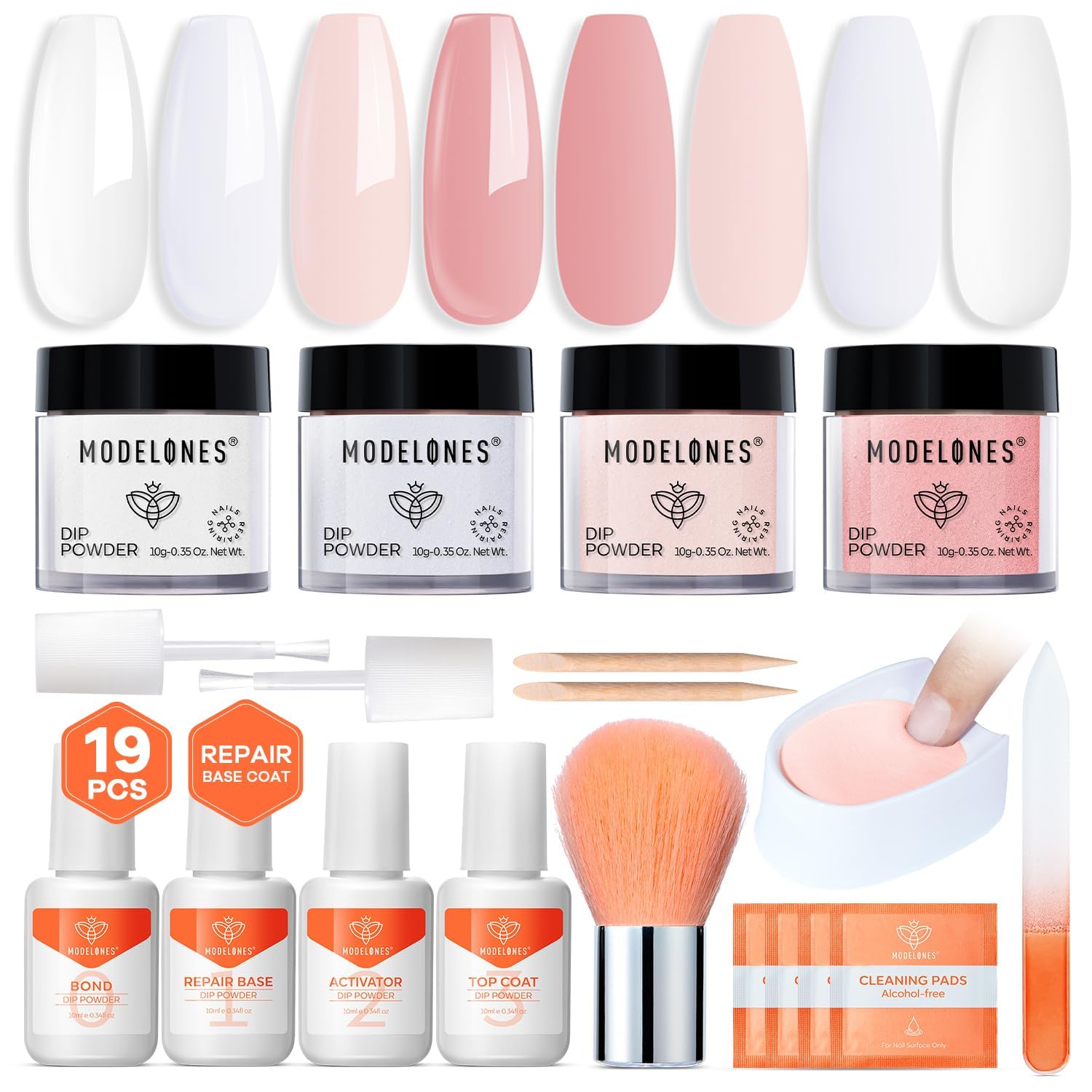 Dip Powder Nail Kit Starter, 4 Colors Nude White Pink Dipping Powder Repair Liquid Set with Recycling Tray for French Nail Art Salon DIY at Home Manicure