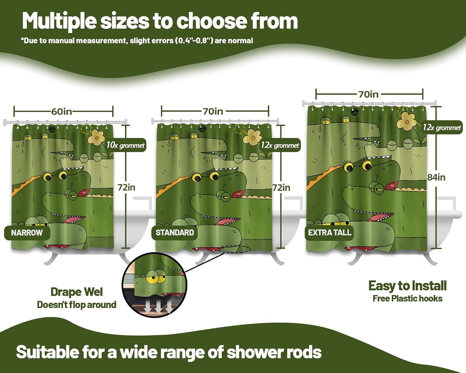 Alligator Shower Curtain for Kids Funny Cartoon Animal Green Crocodile Shower Curtains for Bathroom Decor Sets, Waterproof Fabric with Hooks, Waterproof Fabric 70 x 72 inch with Hooks