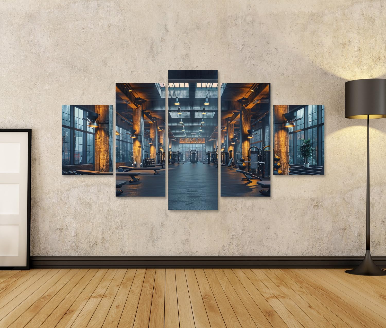 islandburner Quadro su tela Palestra moderna in stile industriale con illuminazione per palestra appassionati di fitness palestra Immagini murali poster