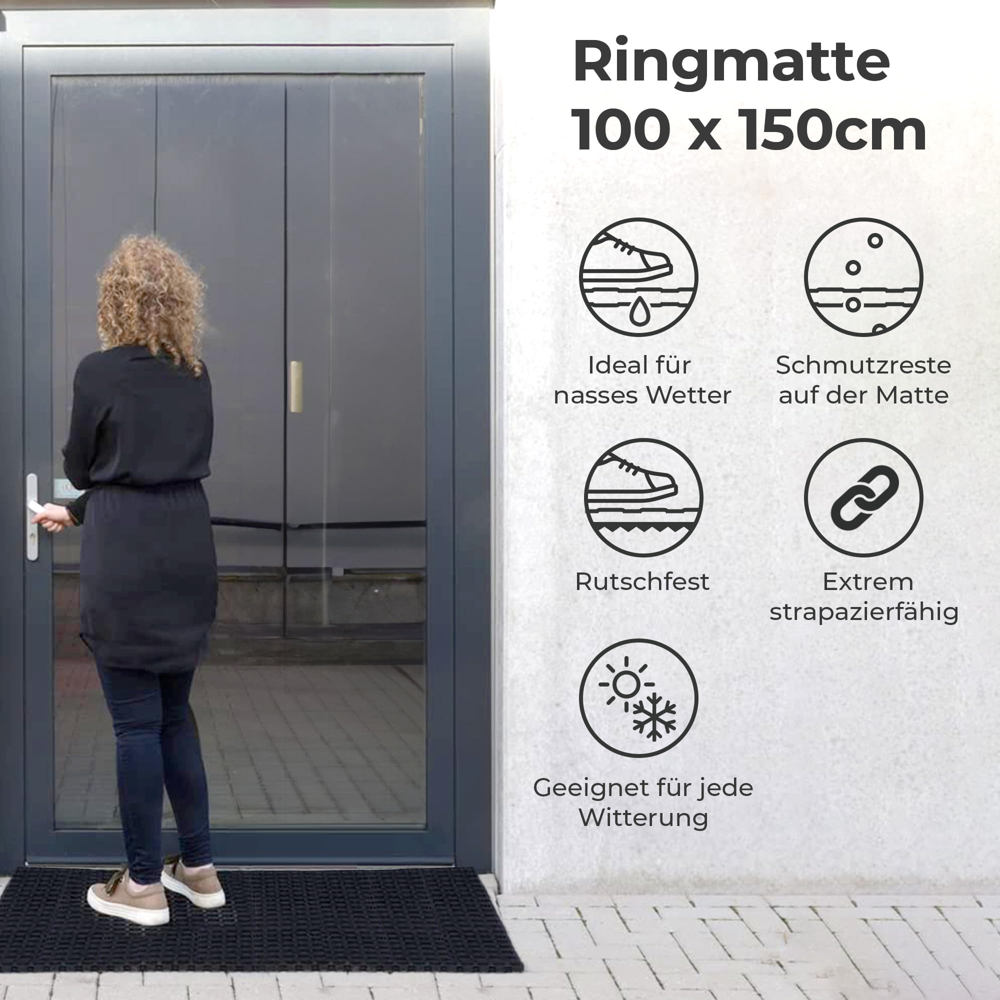 Vivol Schwerlast Ringgummimatte 100x150 cm - 23 mm - Schwarz - Heavy Duty Anti Slip Gummi Fußmatte - Antirutschmatte für draußen und Innenbereich mit Drainage Funktion