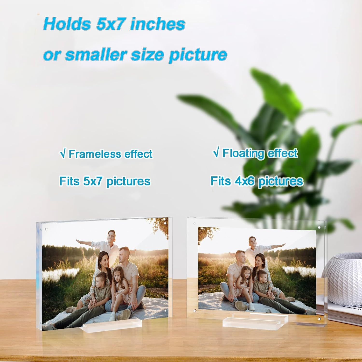 5 Pack 5x7 Acrylic Picture Frame with Magnetic, Frameless Double Sided Clear Frame with Base, Floating Lucite Transparent Photo Frame for Tabletop Display with Exquisite Package