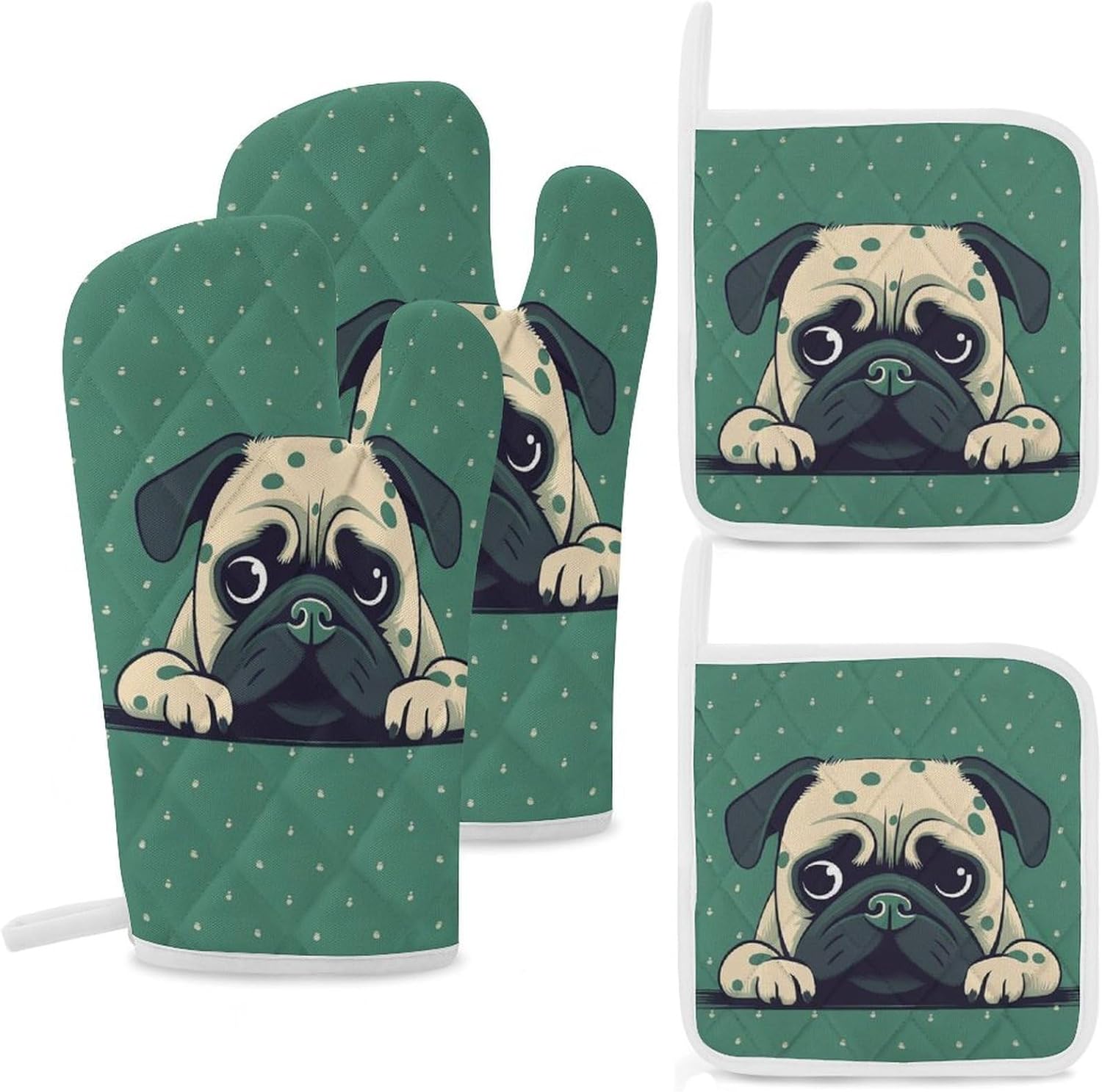 4-Piece Oven Mitts and Pot Holders Set Pug Green Polka Dot Printed Heat-Resistant Polyester Kitchen Gloves and Potholders Comfortable & Durable for Cooking Baking and Grilling