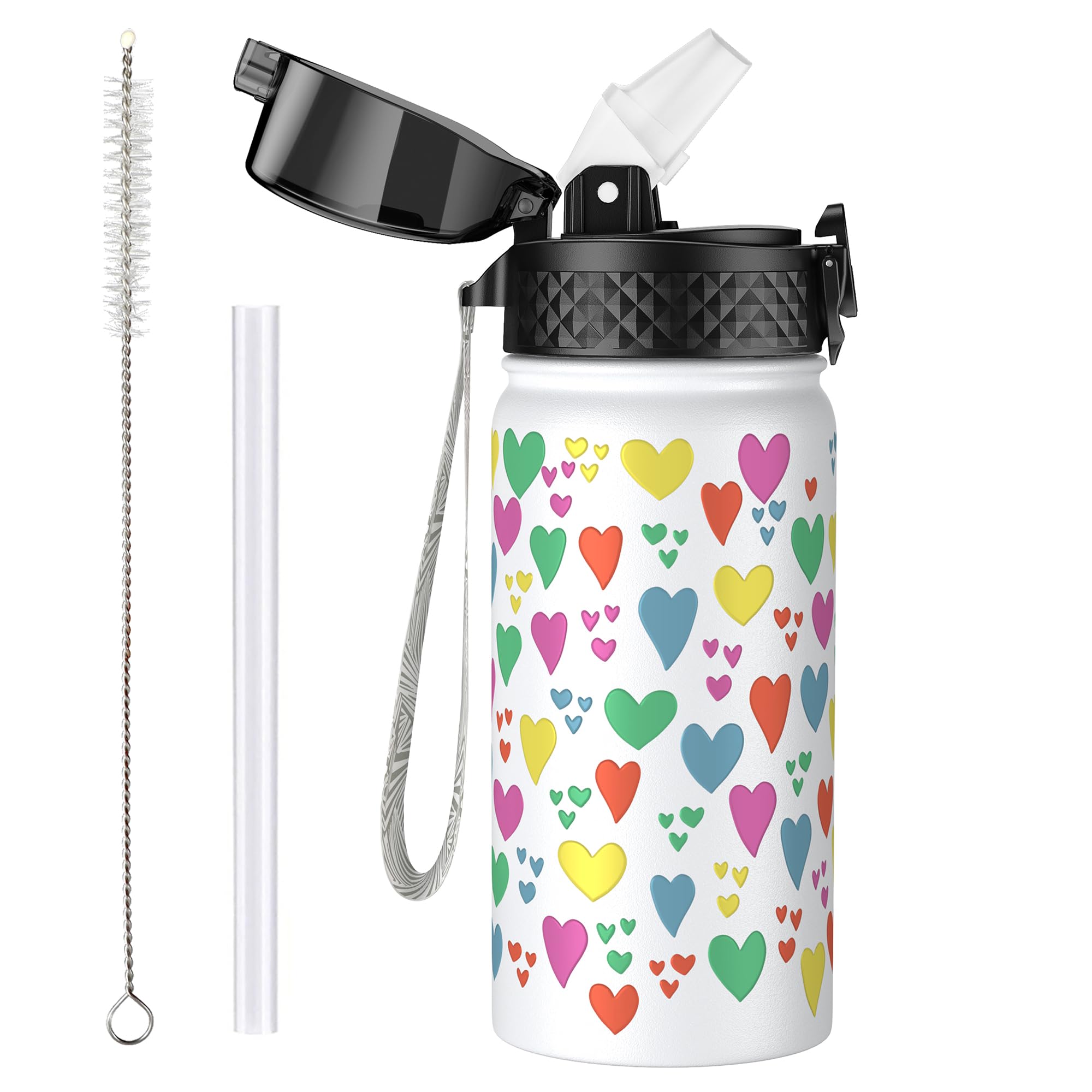 OLDLEY 420ml/14oz Kids Stainless Steel Water Bottle with Straw for School Insulated Metal Water Bottles Leakproof Reusable Double Wall Vacuum Small Flask Keep Drinks Hot Cold for Boys Girls (Heart)