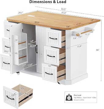 Kitchen Island on Wheels, 55.5x29.75x36 Rolling Storage Island Cart, Foldable Top with Built-in Power Outlets, Adjustable Shelves & Spacious Drawers, Mobile Kitchen Island Table (White)