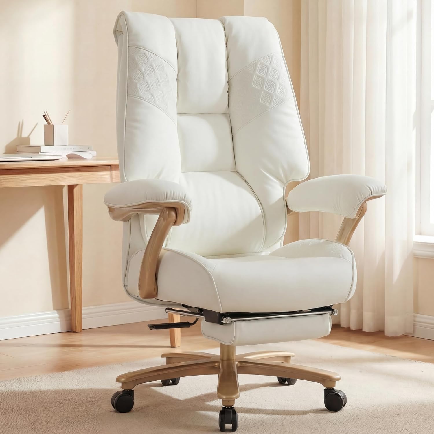 EXCEBET Big and Tall Office Chair 400lbs Wide Seat, Ergonomic Executive Desk Office Chair with Footrest, High Back PU Leather Chair with Lumbar Support, Padded Armrests, Heavy Duty Base, White