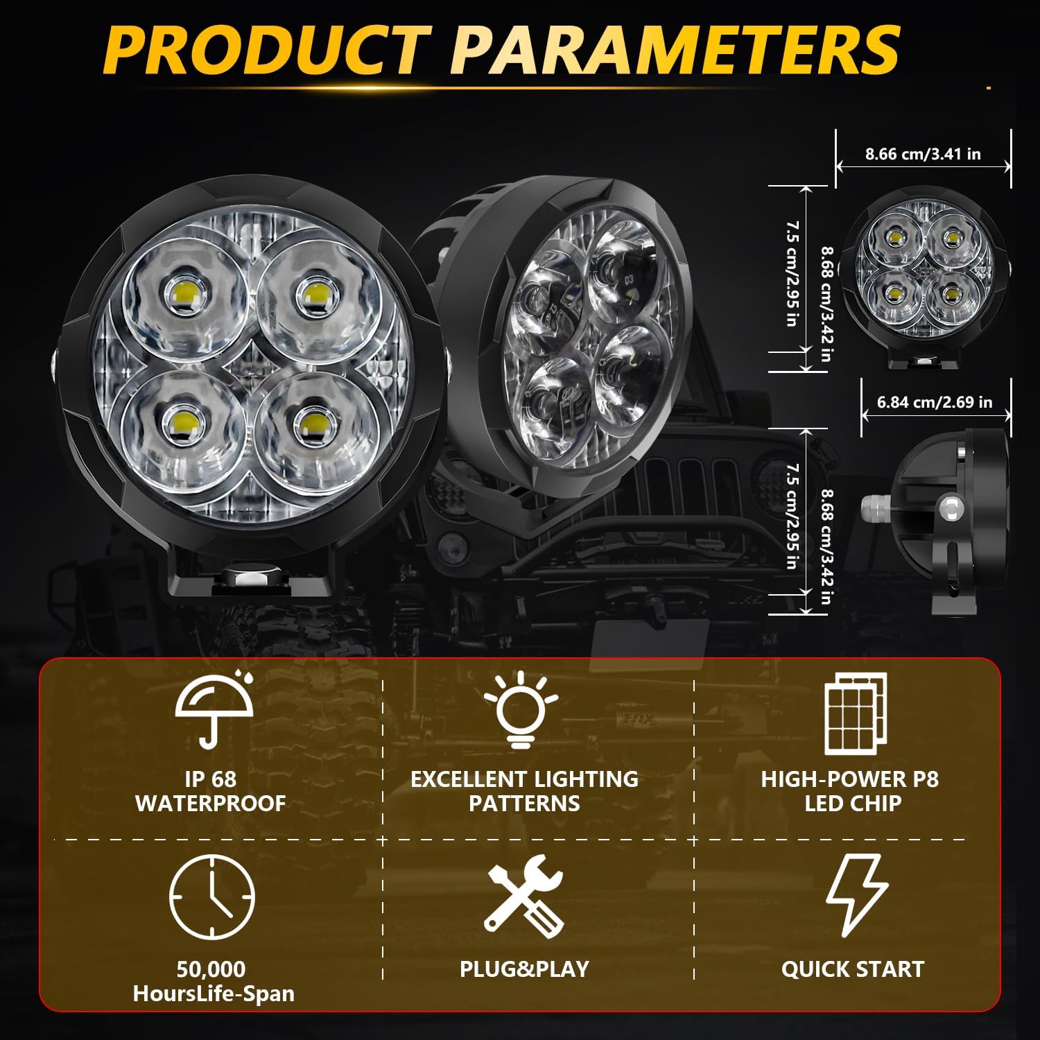 3 inch Led Pods Amber Fog Lights White Off Road Driving Light Spot Offroad LED Round 80W 9600LM Ditch Light for Jeep ATV Wrangler Ford Truck Pickup, Pair