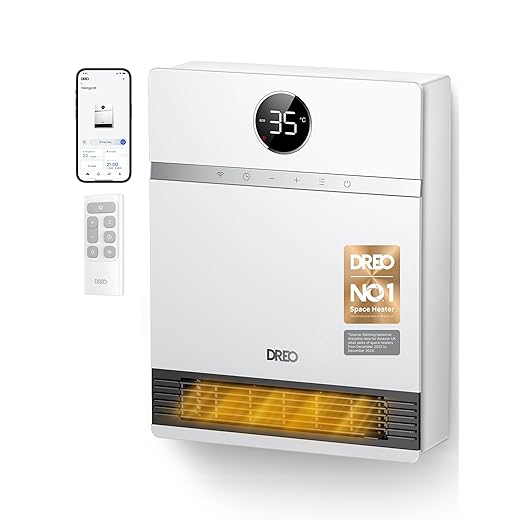 Dreo Smart Electric Wall Heater, 28dB Silent Ceramic Space Heaters for Home, Low Energy, 30° Oscillation, Adjustable Thermostat, 24H Timer, IP24 Wall Mounted for Bedroom, Works with Alexa
