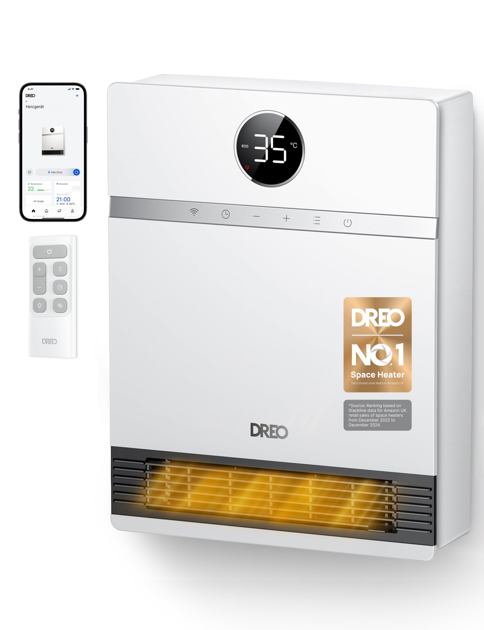 DreoSmart Electric Wall Heater, 28dB Silent Ceramic Space Heaters for Home, Low Energy, 30° Oscillation, Adjustable Thermostat, 24H Timer, IP24 Wall Mounted for Bedroom, Works with Alexa