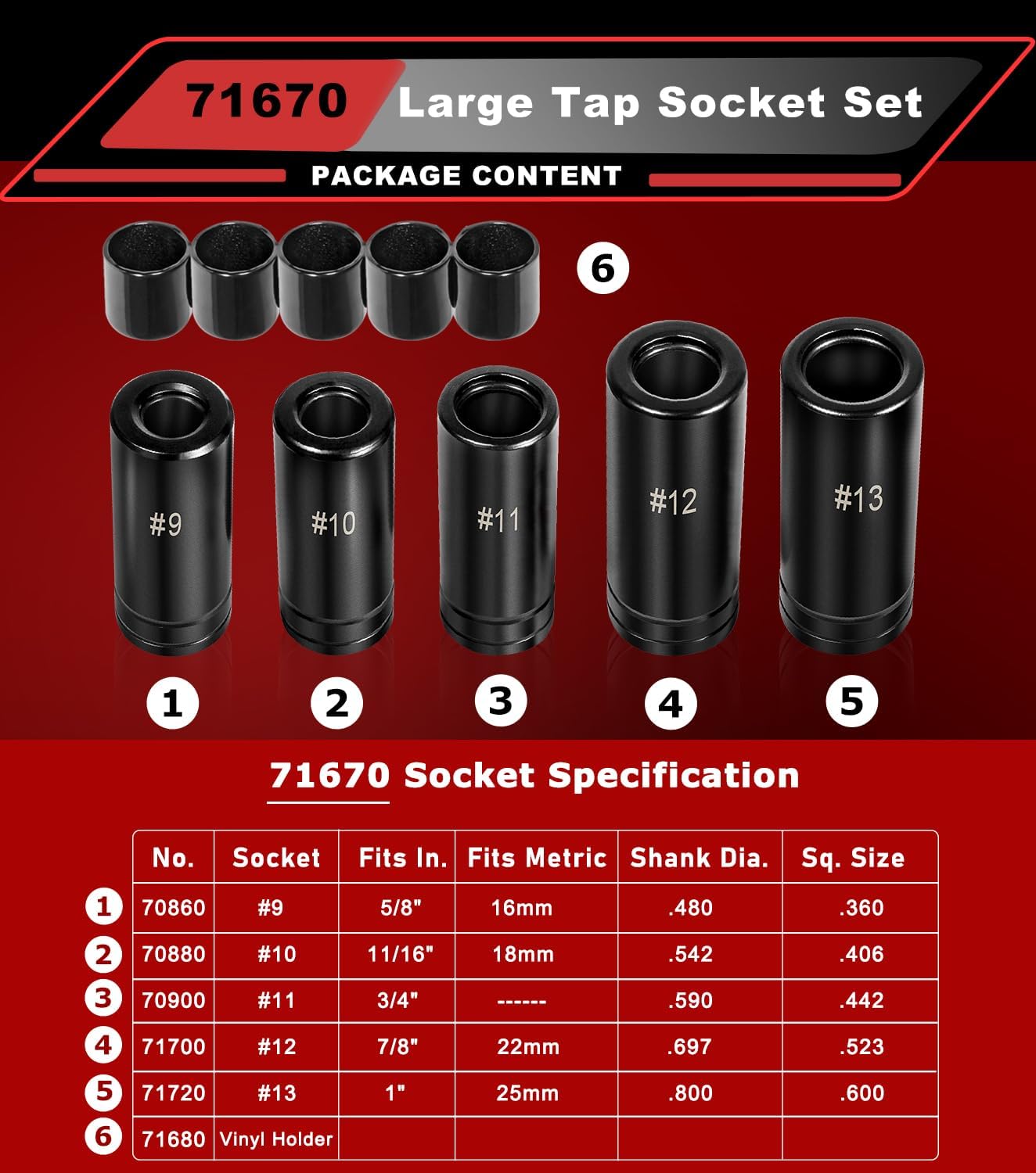 71670 Large Tap Socket Set, 5 PC. Tap Socket Adapter Compatible with M.C.T.I. Standard Taps 5/8", 11/16", 3/4", 7/8" and 1" (Number and Fractional)