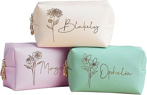 DayOfShe Bolsa de maquillaje personalizada con nombre y flor de nacimiento, regalos de dama de honor, rellenos de calcetines para mujeres,