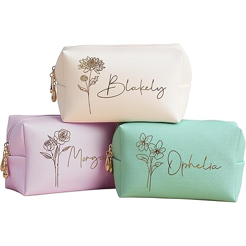DayOfShe Personalized Bridesmaid Gifts Makeup Bag with Name and Birth Flower, Custom Travel Makeup bag for Toiletries Bridal Shower Gifts