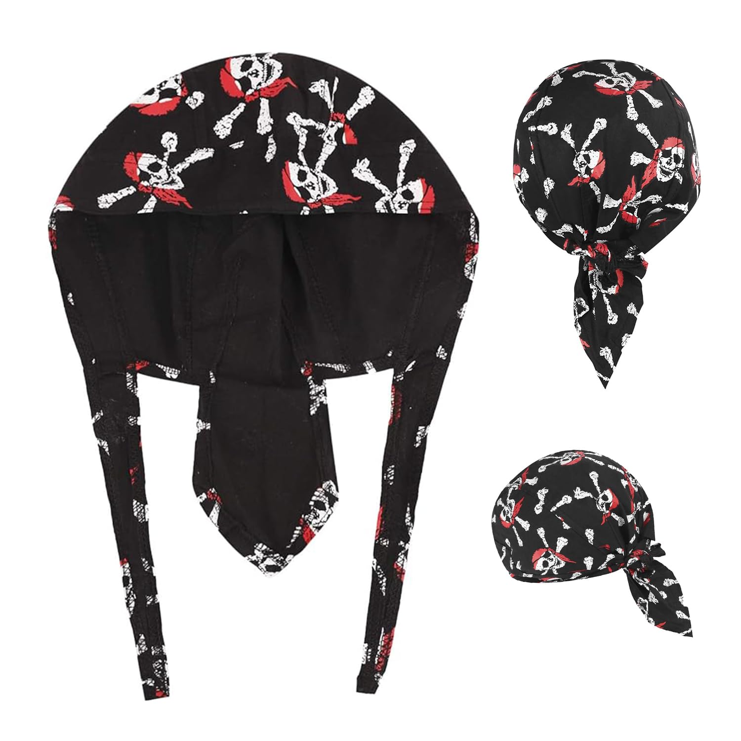 Rag Skull Cap Black Pirate Hat Wraps Breathable Helmet Sweat Wicking Head Bandana Black Cycling Sport Headwear Sun UV Protection