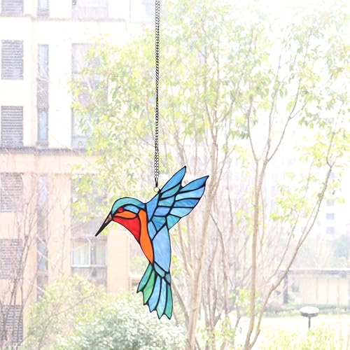 Miniatura 2 de Bieye W10048 Colibrí estilo Tiffany - Atrapasoles para ventana con cadena y gancho de ventosa (7 pulgadas de ancho x 6 pulgadas de alto)