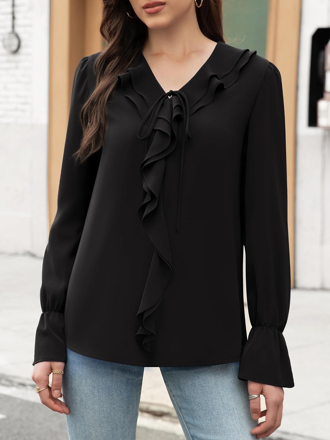 Funlingo Women's Long Sleeve Tops Dressy Casual V Neck Ruffle Tunic Chiffon Blouse Fall Trendy Work Shirts - Image 2