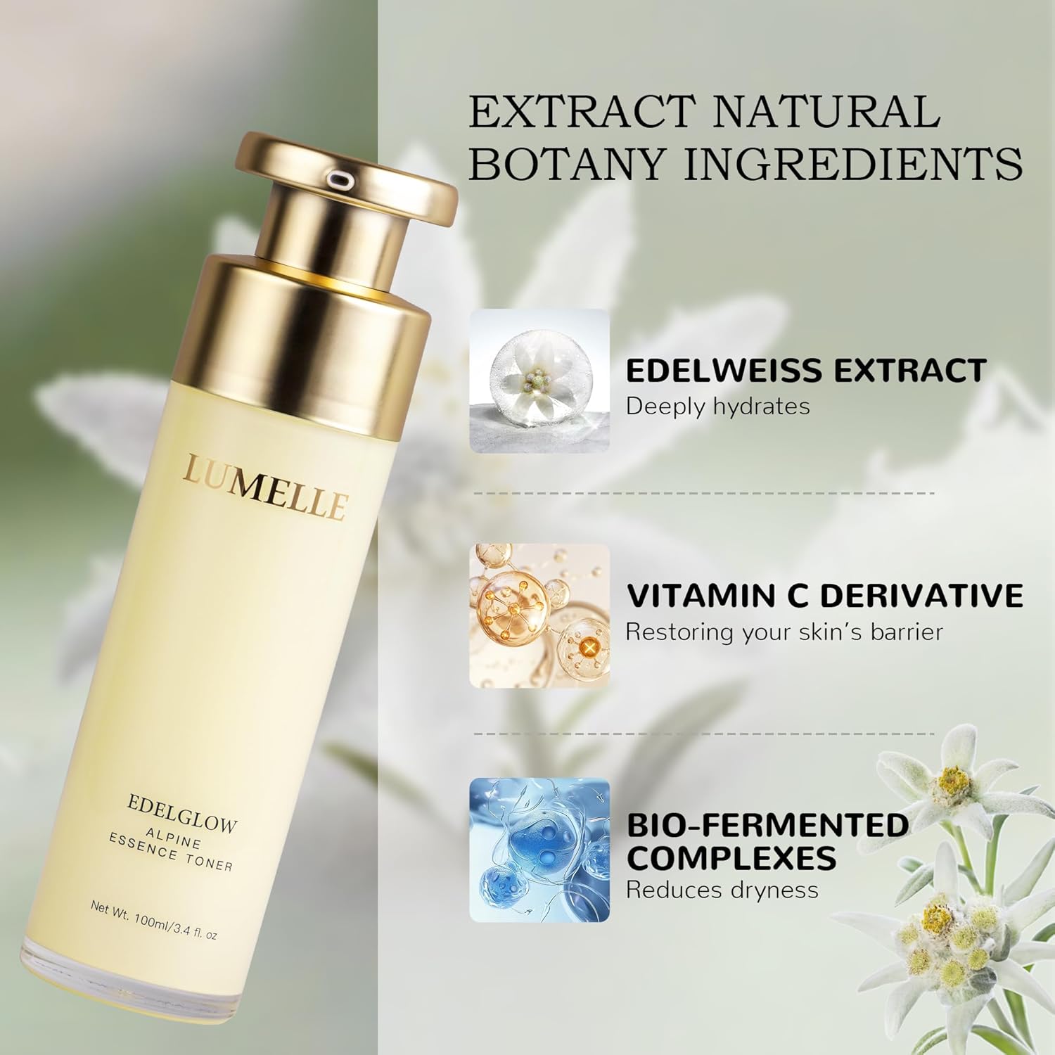 LUMELLE Hydrating Essence Toner with Natural Edelweiss - Intense Hydration & Skin Barrier Repair for Glowing Face Skin Care-100ml/3.4 fl. oz