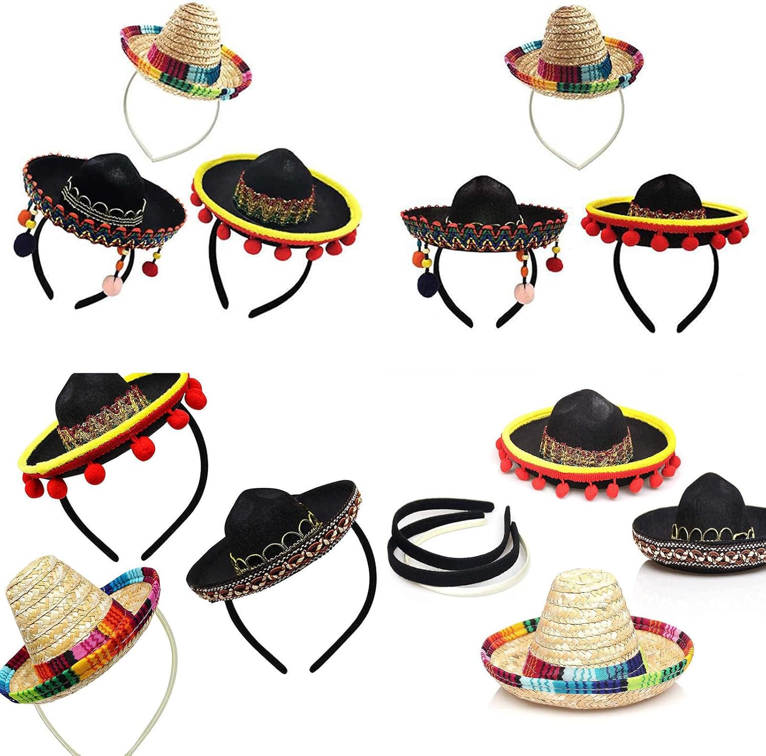 12PCS Cinco De Mayo Fiesta Fabric Straw Sombrero Headbands,Luau Event Photo Props, Mexican Theme Decorations,Party Favors Supplies Costume Fiesta Headbands for Women Girls Pet (12 PCS SET)