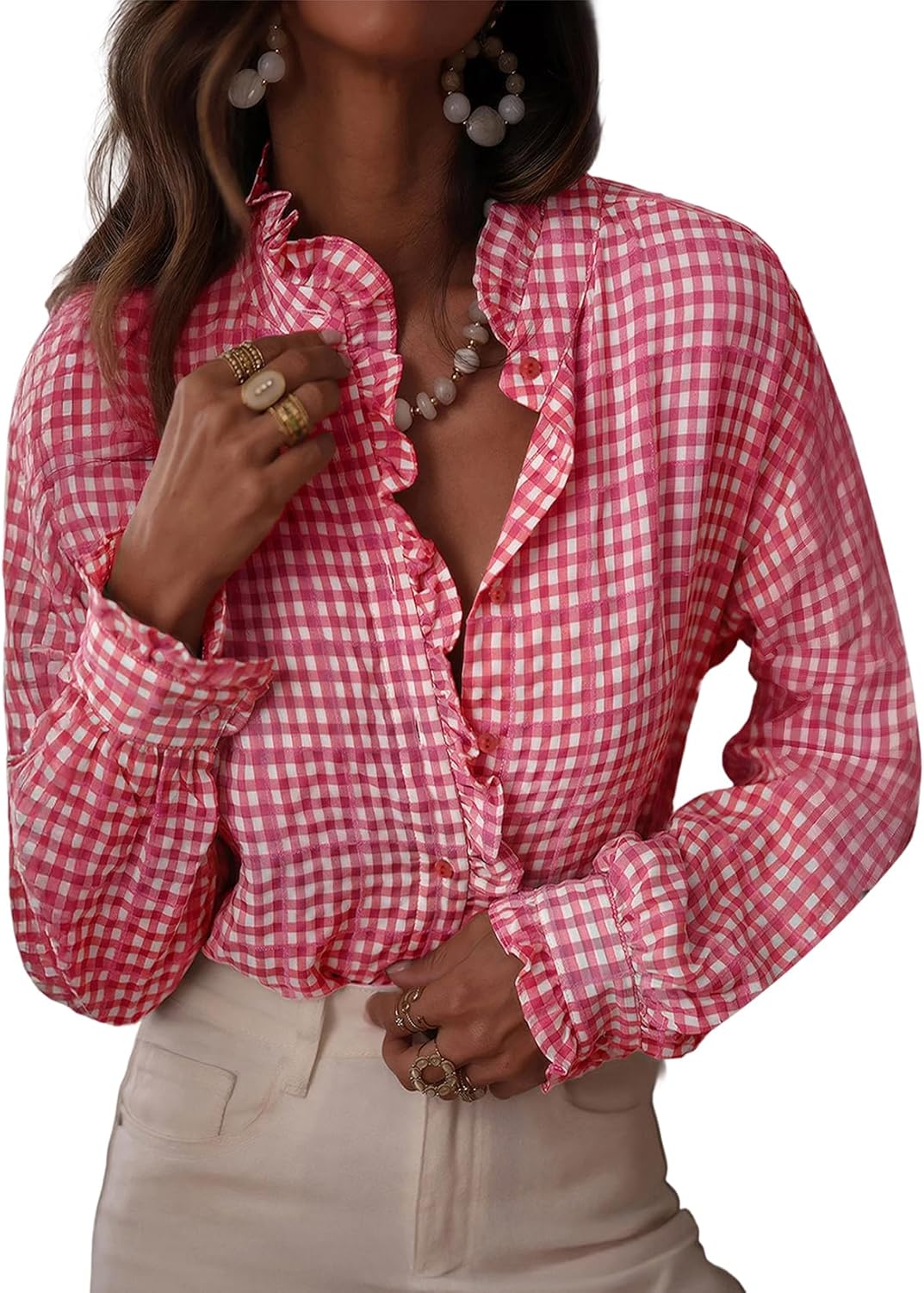 Astylish Womens Plaid Ruffle V Neck Button Down Blouse Casual Long Sleeve Gingham Trendy Tops Work Checkered Shirt