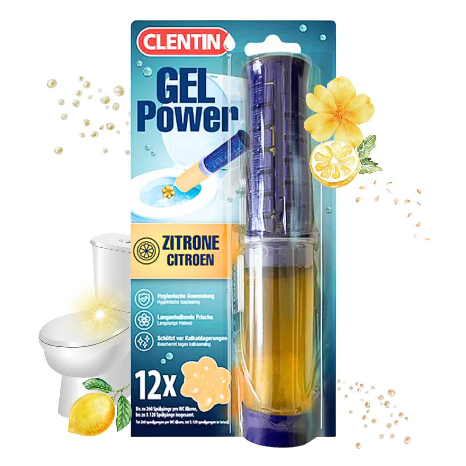 WC Reiniger Gel Stempel Lemon 12 St x 75ml - 144 Blumen - körbchenloser WC-Duftstempel bis zu 37.440 Spülgänge