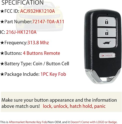 Miniatura 2 de MechanMagic Llavero de repuesto para Honda CRV 2015 2016 Smart Keyless Entry Control remoto ACJ932HK1210A 72147-T0A-A11 35118-T2A-A50 313.8MHz