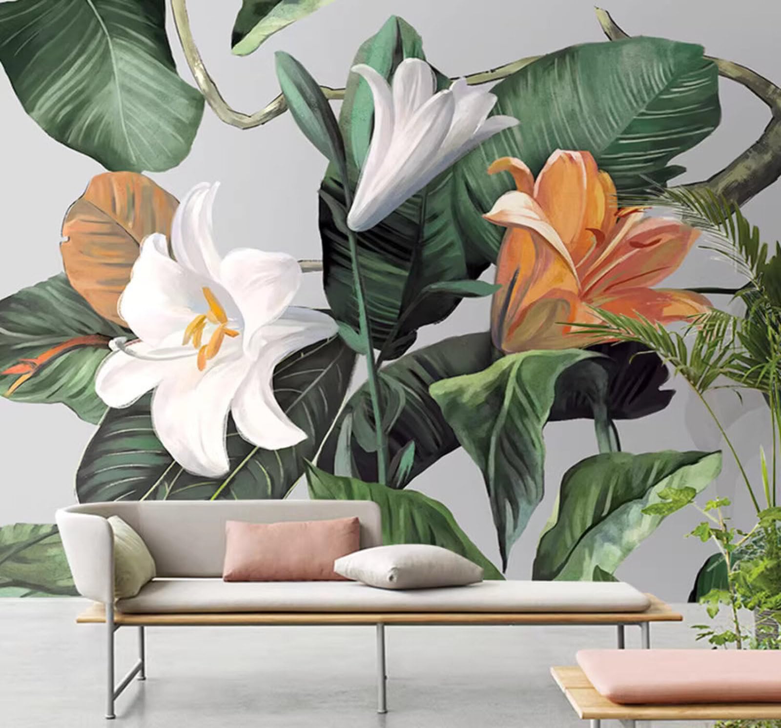Wallpaper-3D-Xlm 400Cm×280Cm(B×H) Fresh Minimalist Green Leaves Beautiful Lilies 3D Wallpaper Easy Install Feature Office Living Room Sofa Bedroom Tv Background Wall Decoration-400Cm×280Cm