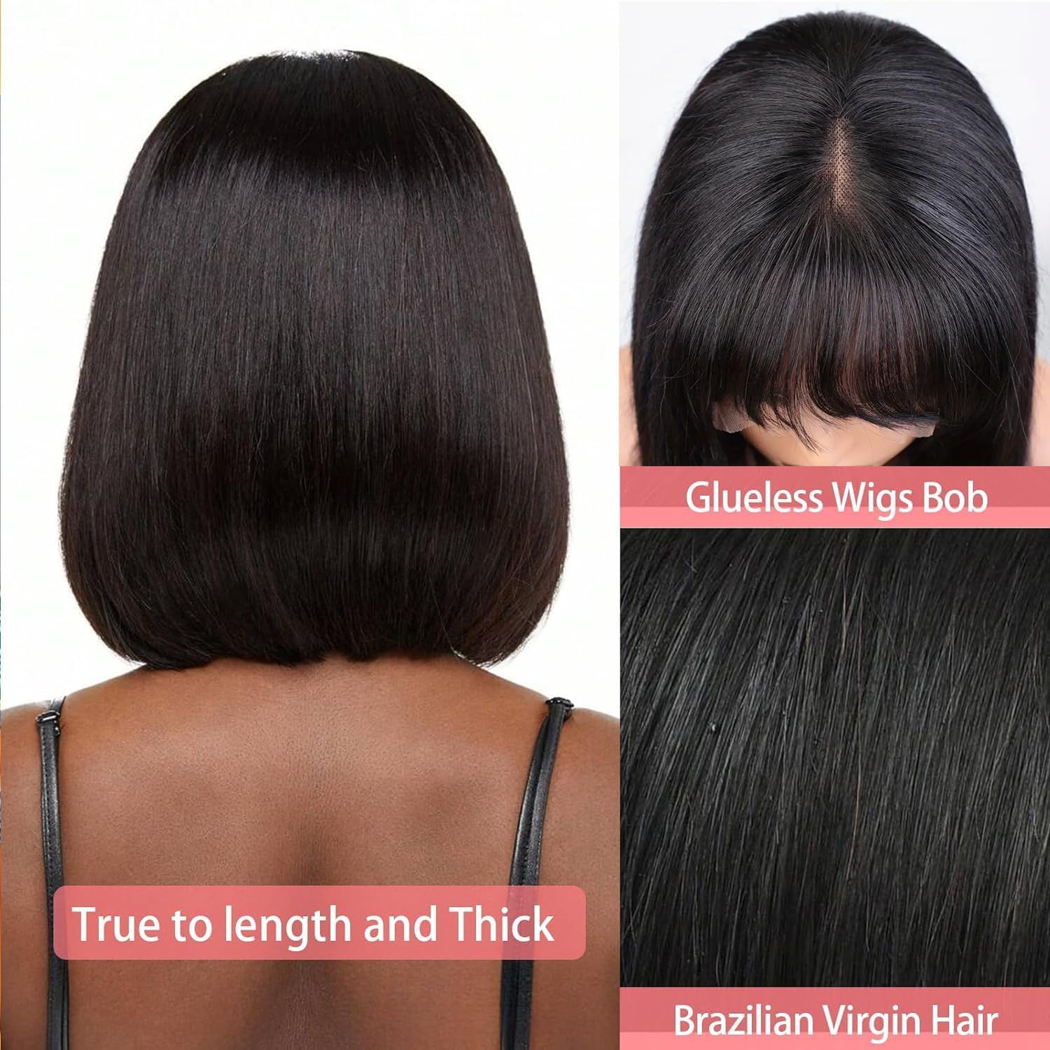 Short Bob Wigs Human Hair with Fringe 180% Density Glueless Wigs with Bang Upgraded 2x1 Top Lace 100% Brazilian Virgin Human Hair Wigs Friendly Small Head 10inch - Image 3