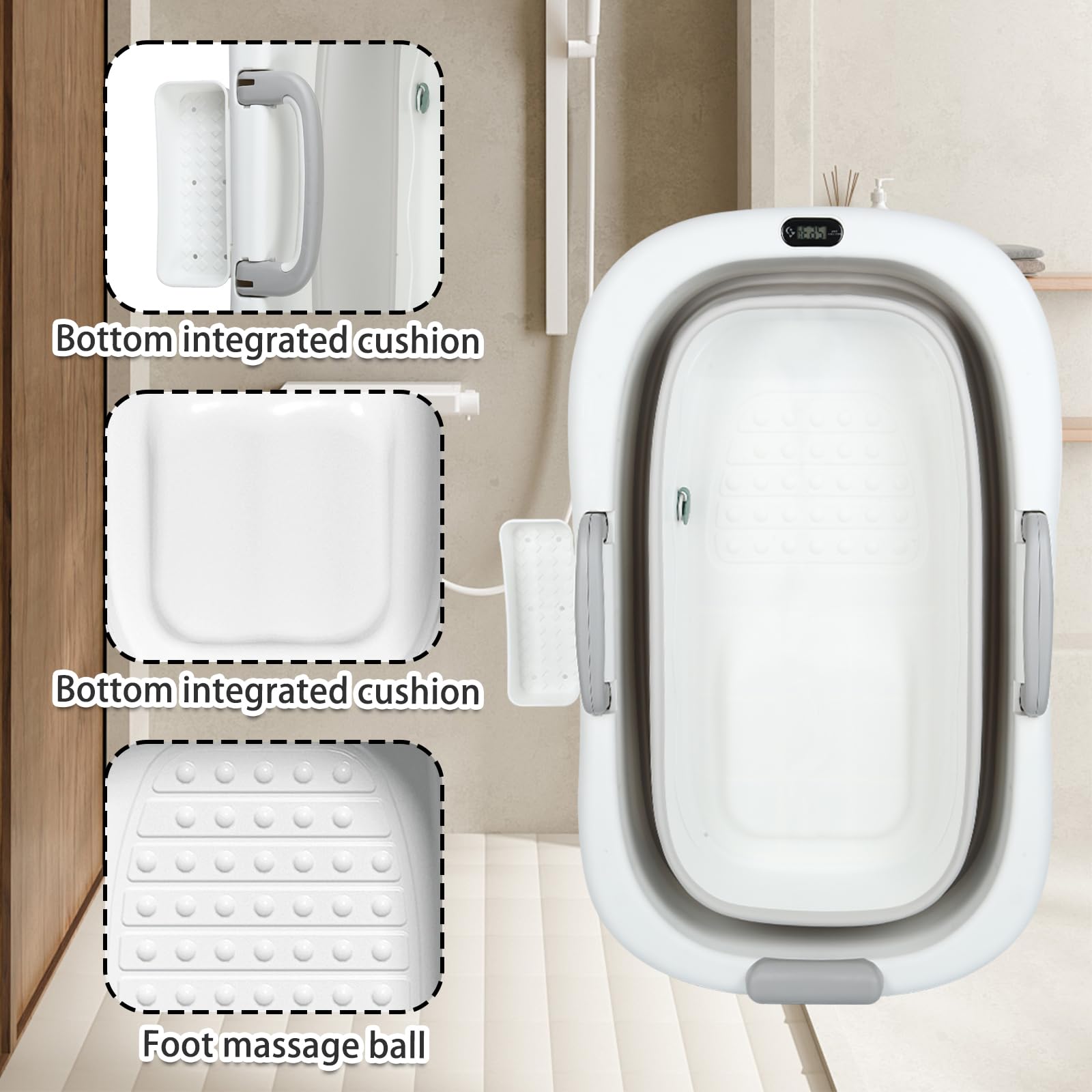 Bañera plegable portátil de plástico, bañera plegable con estante para niños, 99 x 62 x 52,9 cm, color gris