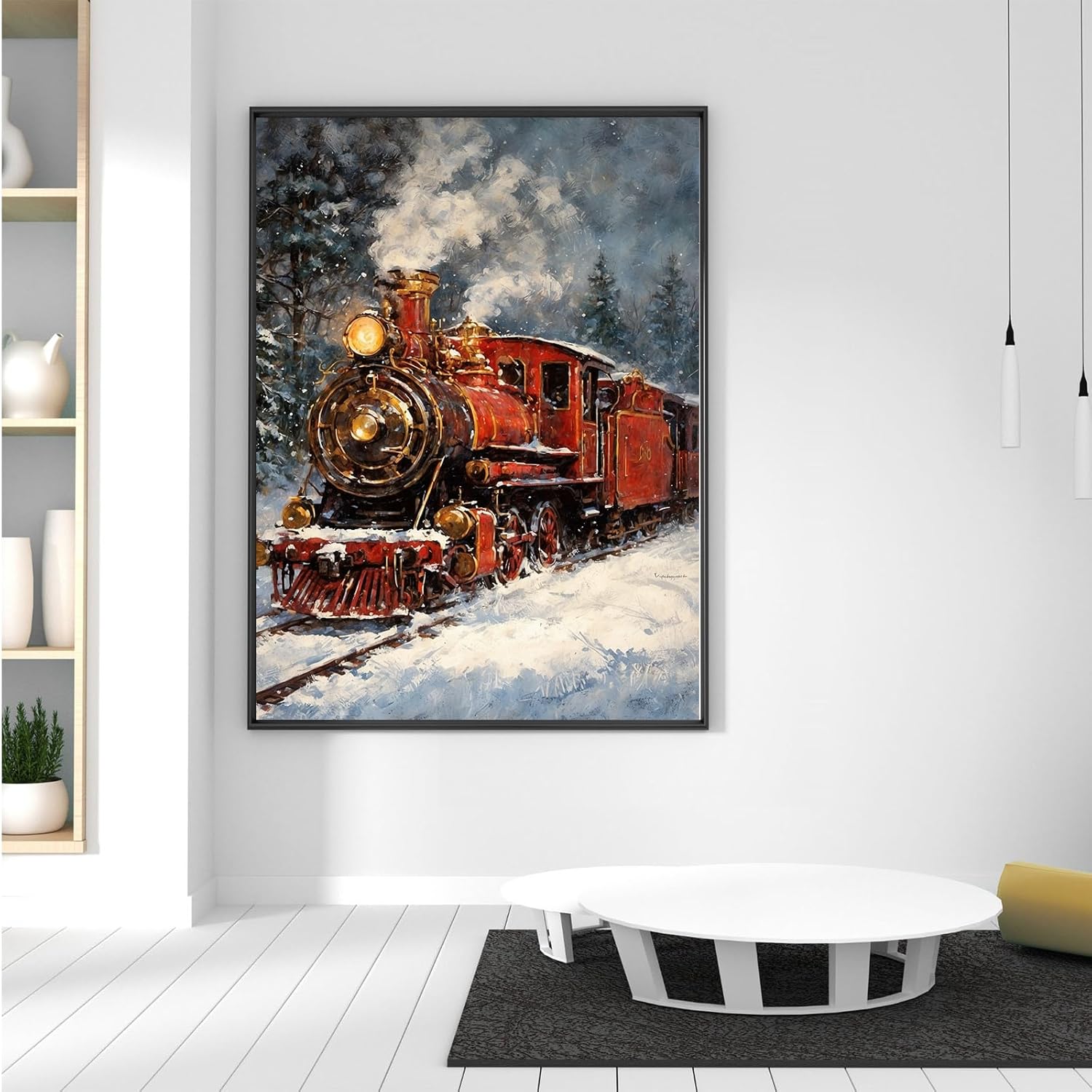UPCBEDSW Vintage Oil Painting Steam Train Print Country Wall Art Christmas Room Decoration Winter Pictures Canvas Poster