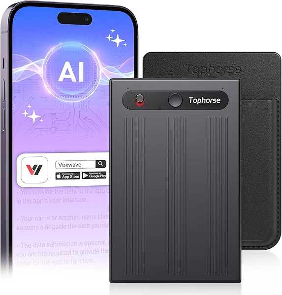 Tophorse AI Voice Recorder, Free Transcribe & Summarize with AI Technology, Digital Voice Recorder w/Case, App Control, Support 101 Languages, 64GB Memory, Voice Recorder for Meetings, Calls, Black