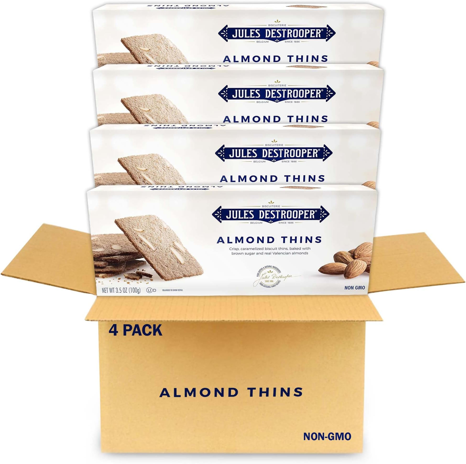 Jules Destrooper Almond Thins - Caramelized Almond Cookies, Certified Kosher Dairy, Non-GMO, Authentic Biscuits Made in Belgium - 3.5 Oz, Pack of 4