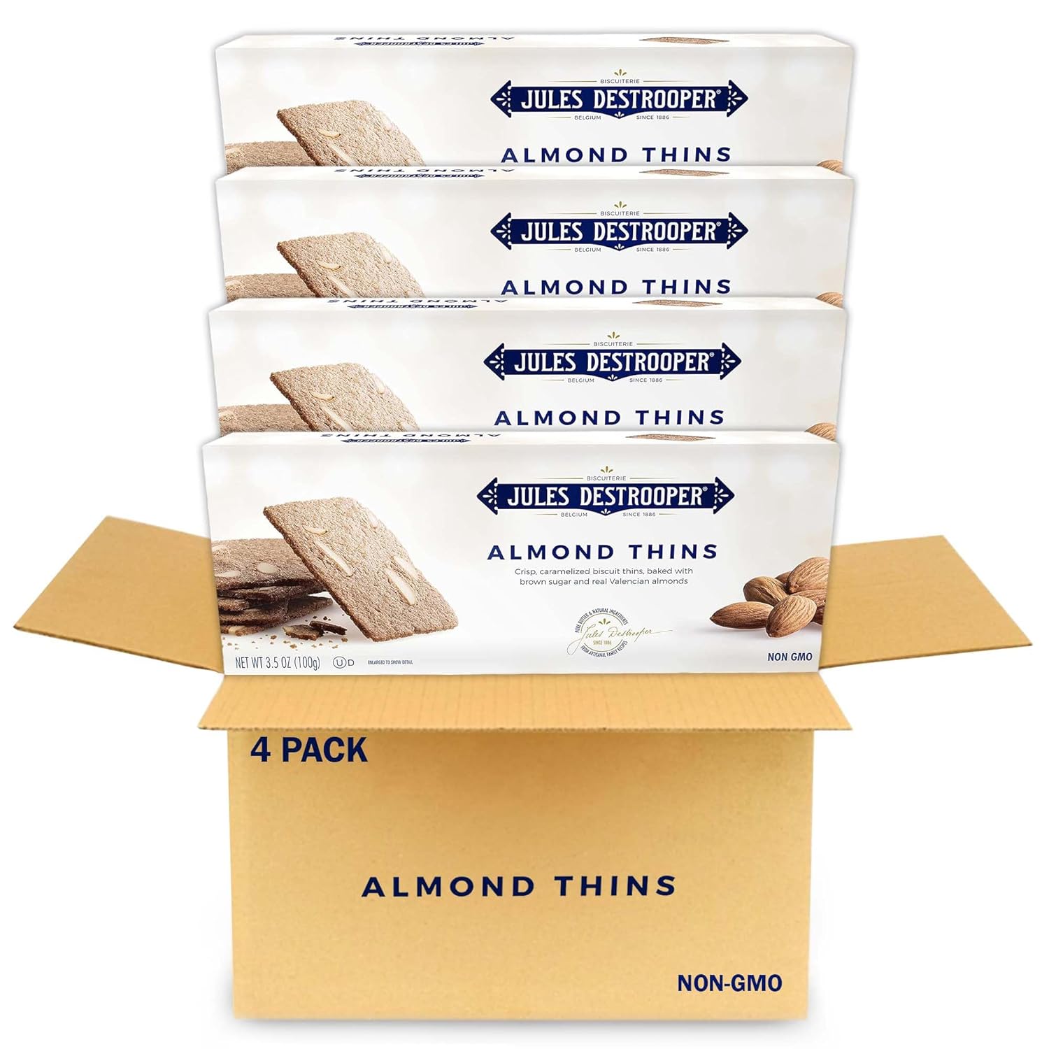 Jules Destrooper Almond Thins - Caramelized Almond Cookies, Certified Kosher Dairy, Non-GMO, Authentic Biscuits Made in Belgium - 3.5 Oz, Pack of 4