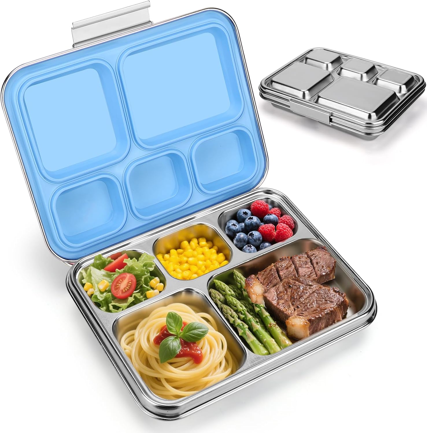 Palksky Lunch Bento Box Stainless Steel, Metal Bento Boxes for Kids Leak-Proof, 5 Compartments Lunchable Food Storage Containers with Lid for School, Office, Travel - Blue