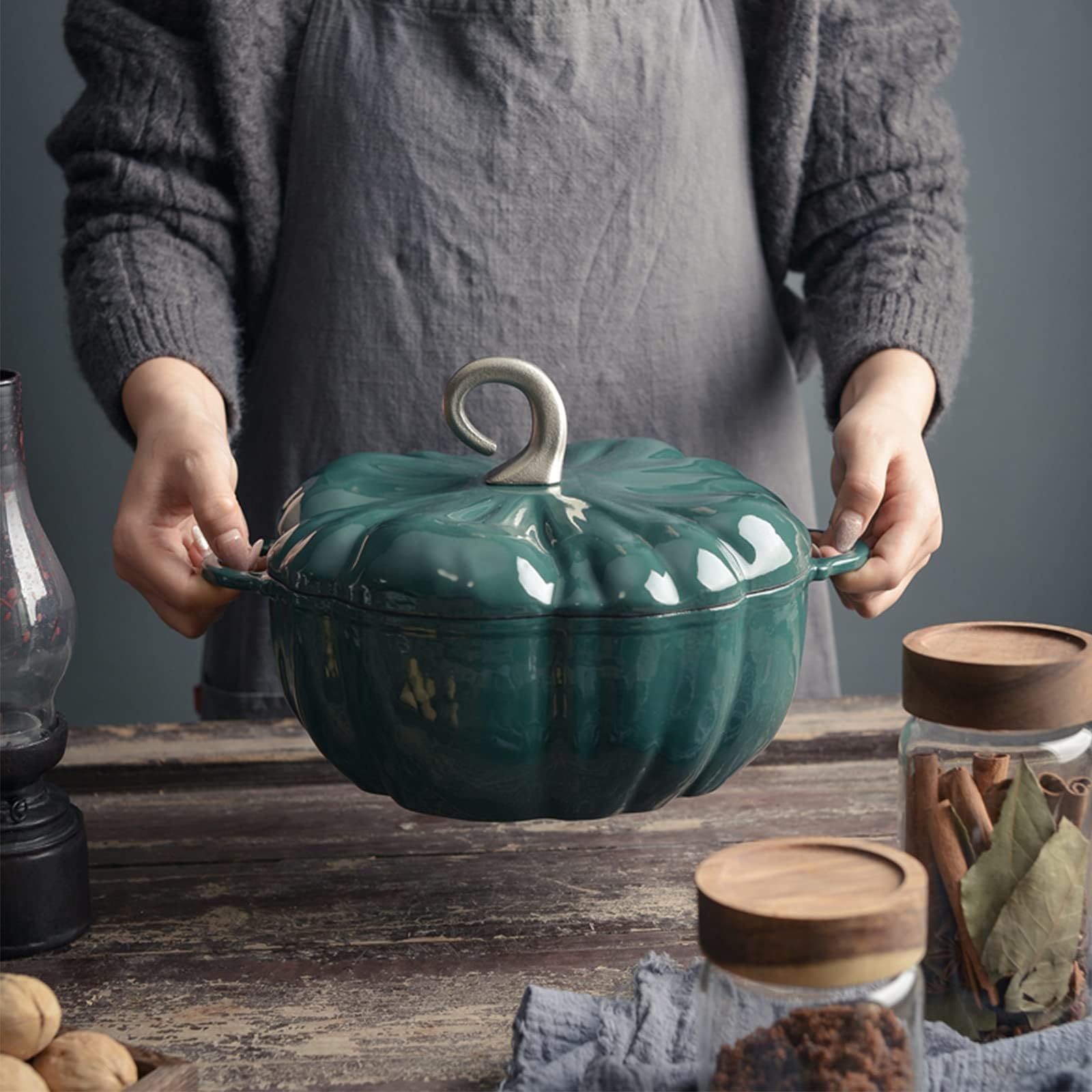 Casseruola in ghisa smaltata a forma di zucca, pentola profonda per zuppe e arrosti, sicura per induzione e forno