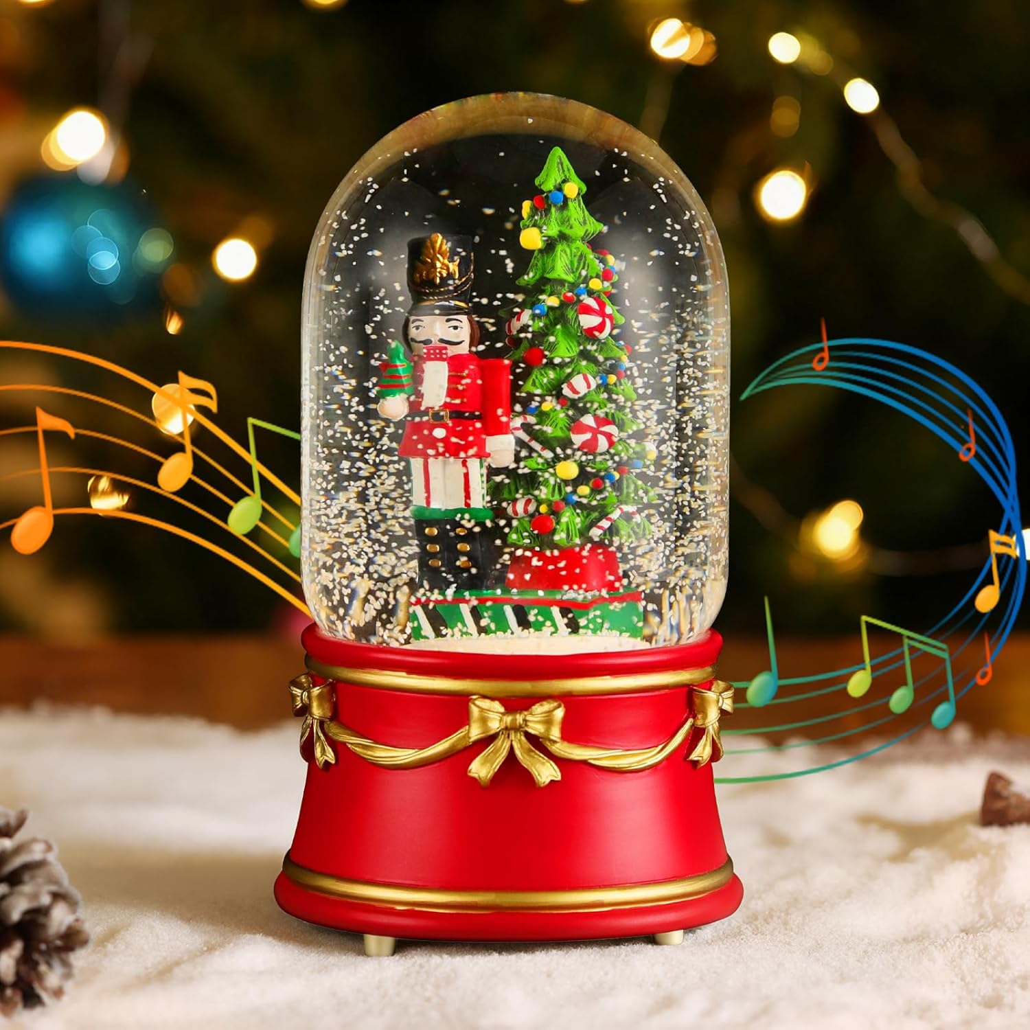 Lewondr Christmas Snow Globe with Music and Light, Nutcracker and Christmas Tree Electric Snow Globe with Swirling Snowflake & 8 Songs, Battery & USB Powered Water Globe, Home Xmas Decoration Gift