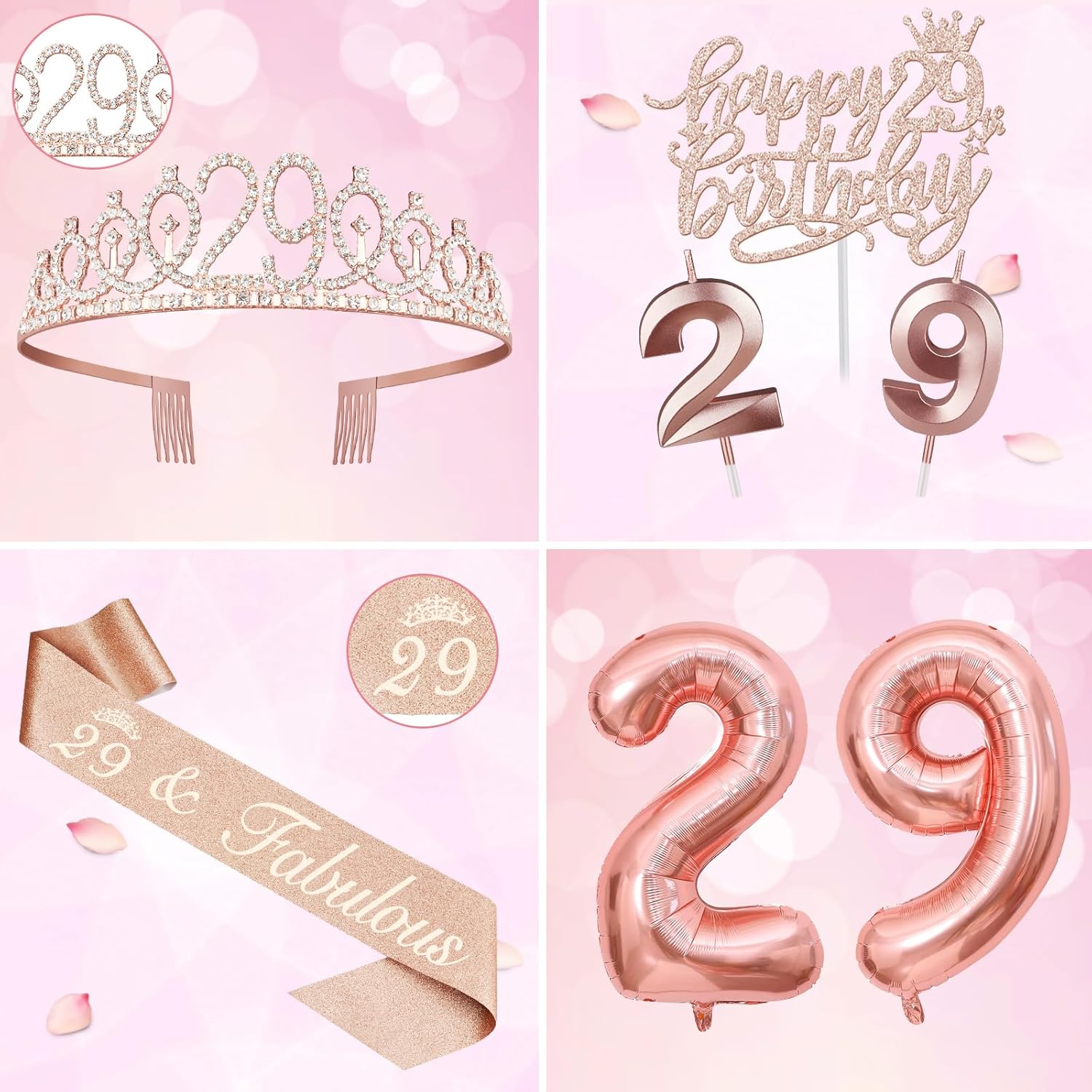 29th Birthday Decorations for Women, Including 29th Birthday Sash and Tiara, Cake Topper and Candles, Number Balloons, 29 Year Old Gifts for Women - Image 3