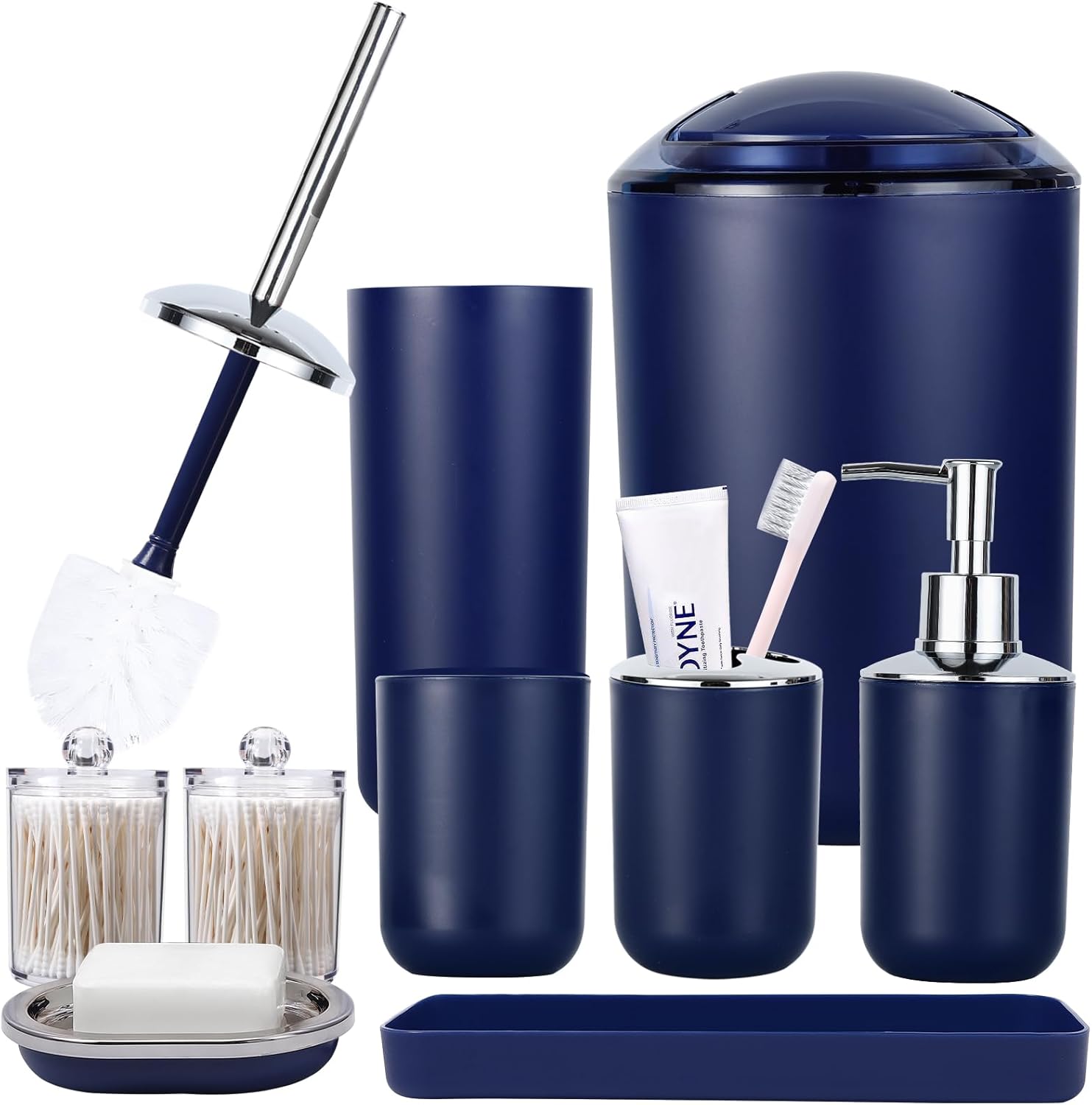 Navy Blue Bathroom Accessories Set of 9, Blue Bathroom Set with Trash