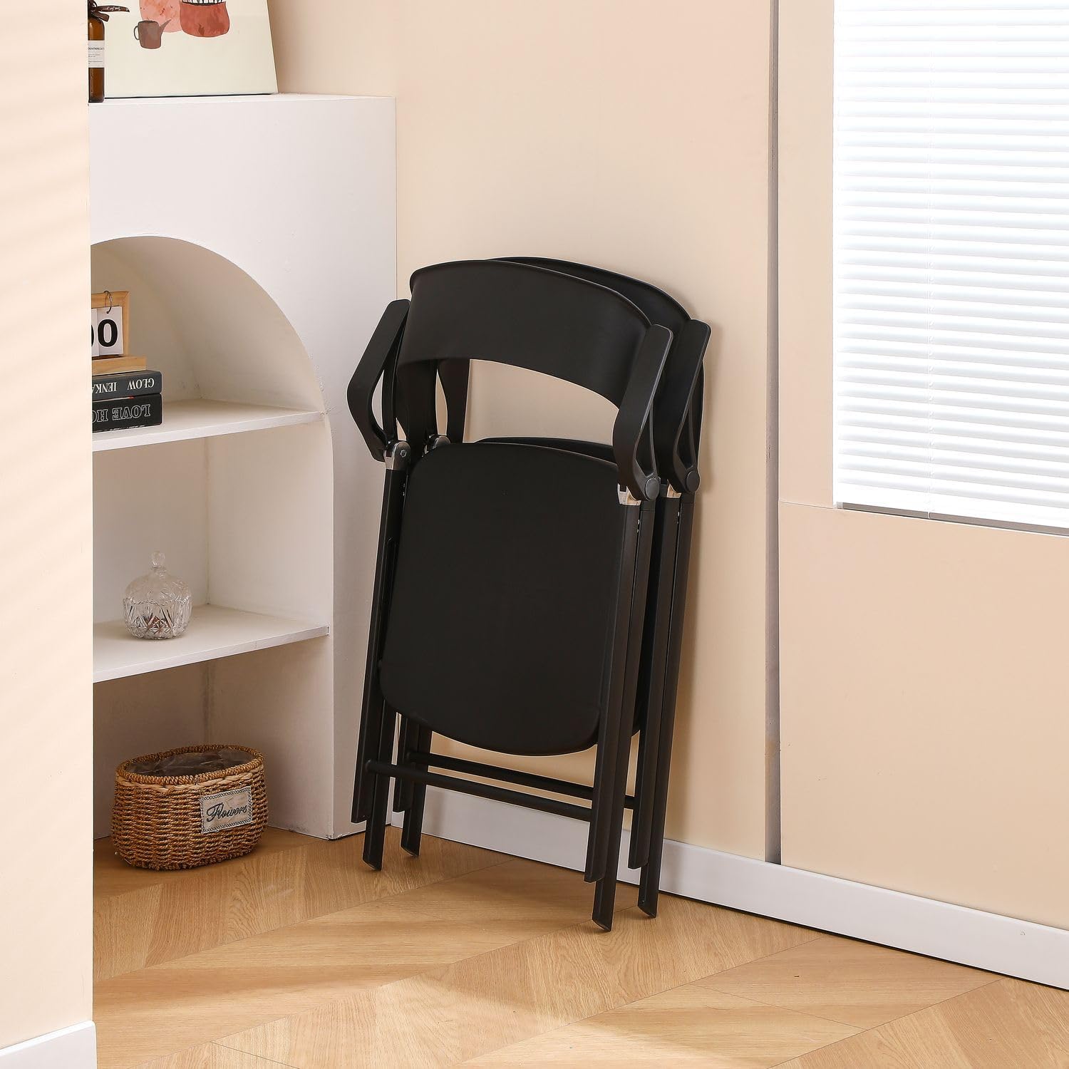 Plastic Folding Chairs with Adjustable Arms, Stackable Office & Dining Chairs, Portable for Indoor Outdoor Use, Wedding Party Picnic Garden (2-Pack, Black)
