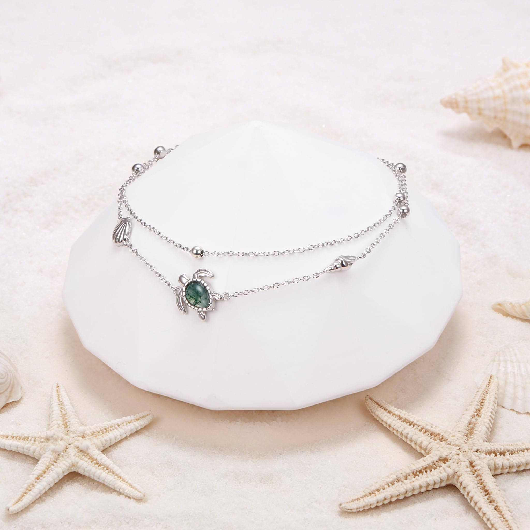 Tobillera de plata de ley S925 con mariposa, ancla, tortuga marina, cruz, girasol, luna, para mujeres y niñas, pulsera de tobillo de doble capa, ajustable, joyería de cadena de pie
