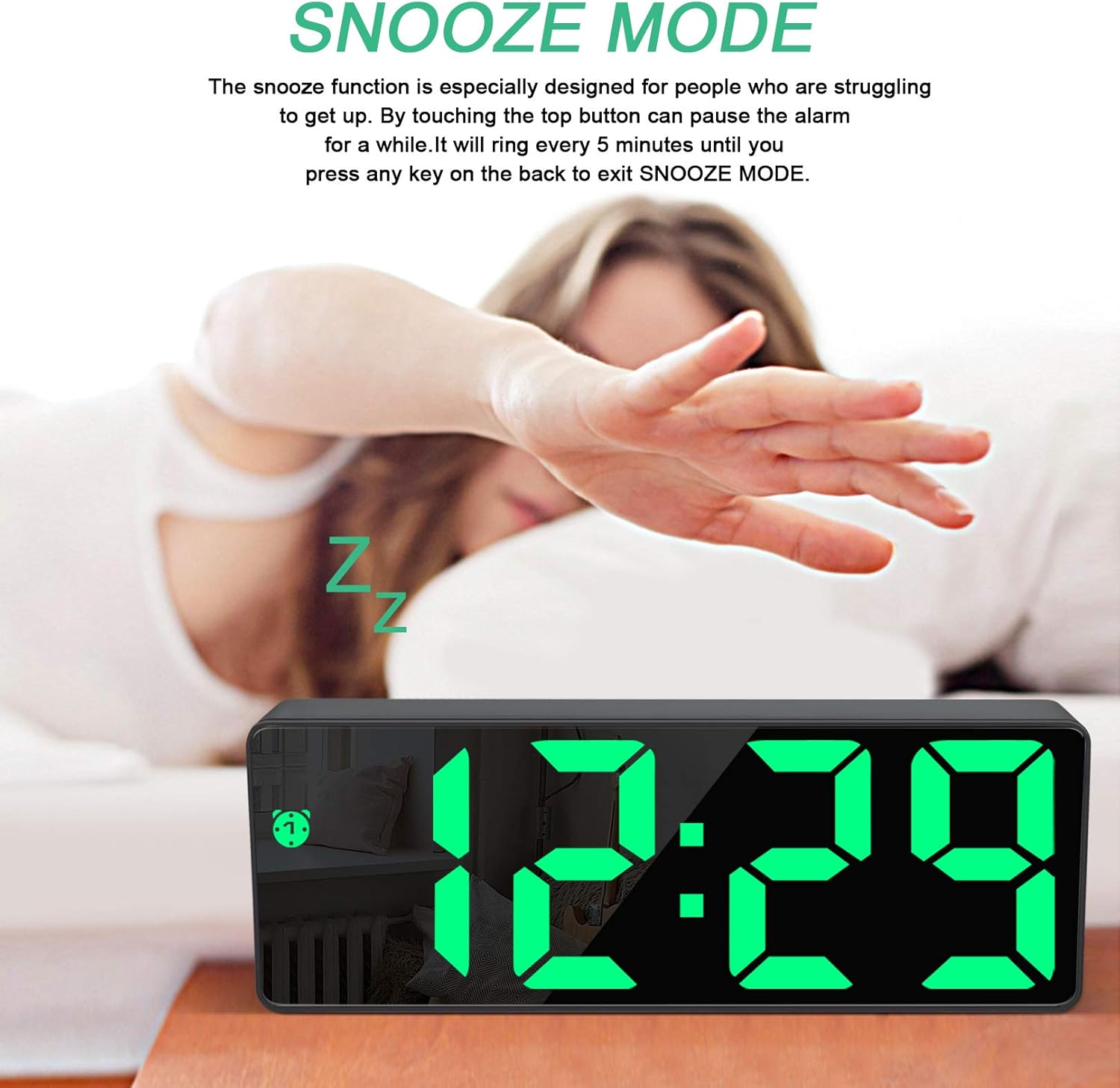 Edillas Digital Alarm Clock in snooze mode with a person reaching to press the snooze button