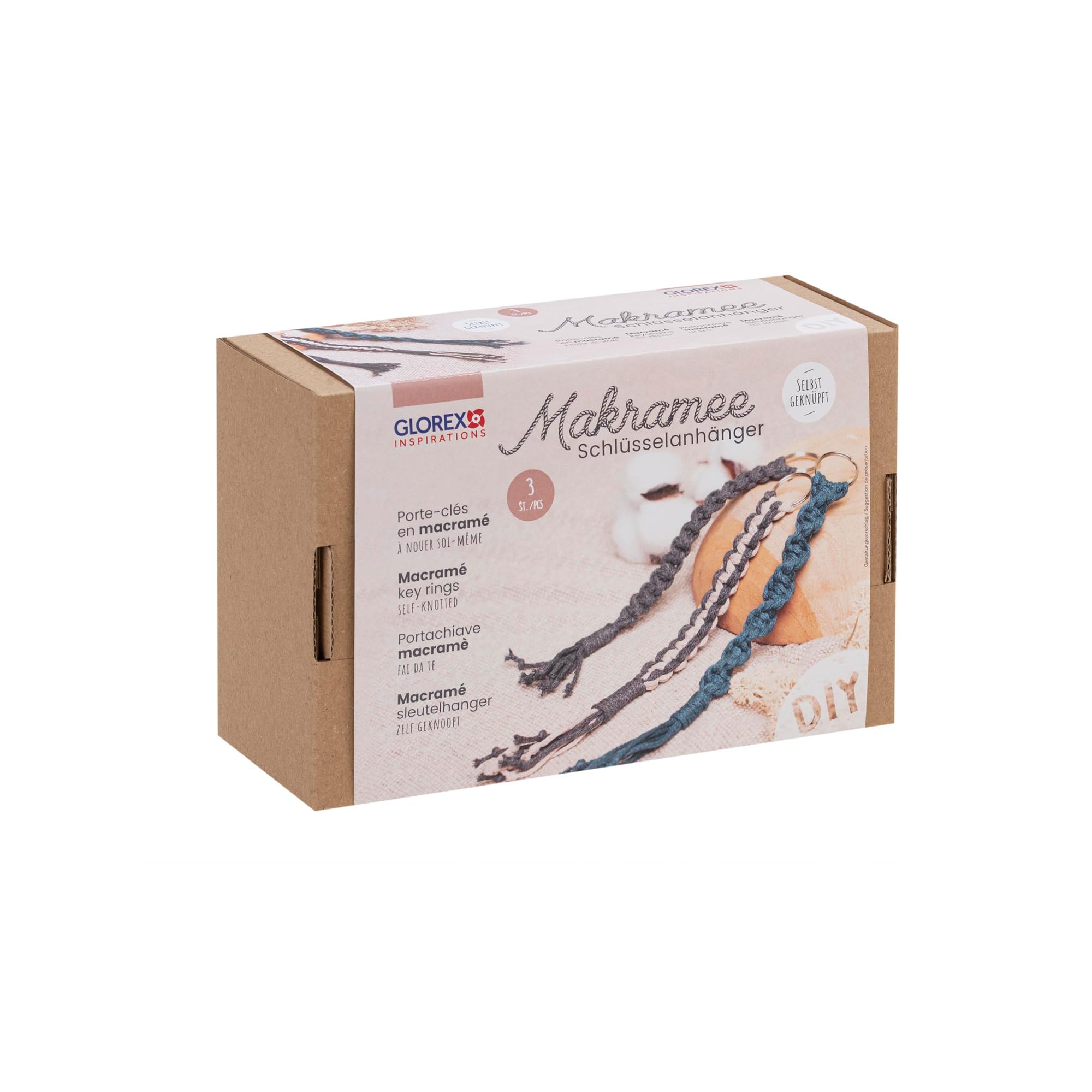 Glorex 5100900 - Zestaw rzemieślniczy Macramé do tworzenia 3 samodzielnie wykonanych breloków do kluczy