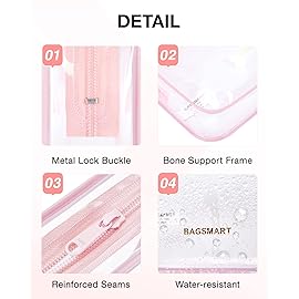 BAGSMART Clear Toiletry Bag, 3 Pack TSA Approved Travel Toiletry bag Carry on Travel Accessories Bag Airport Airline Quart Size Bags Water Repellent Makeup Cosmetic Bag for Women (Pink-3pcs)