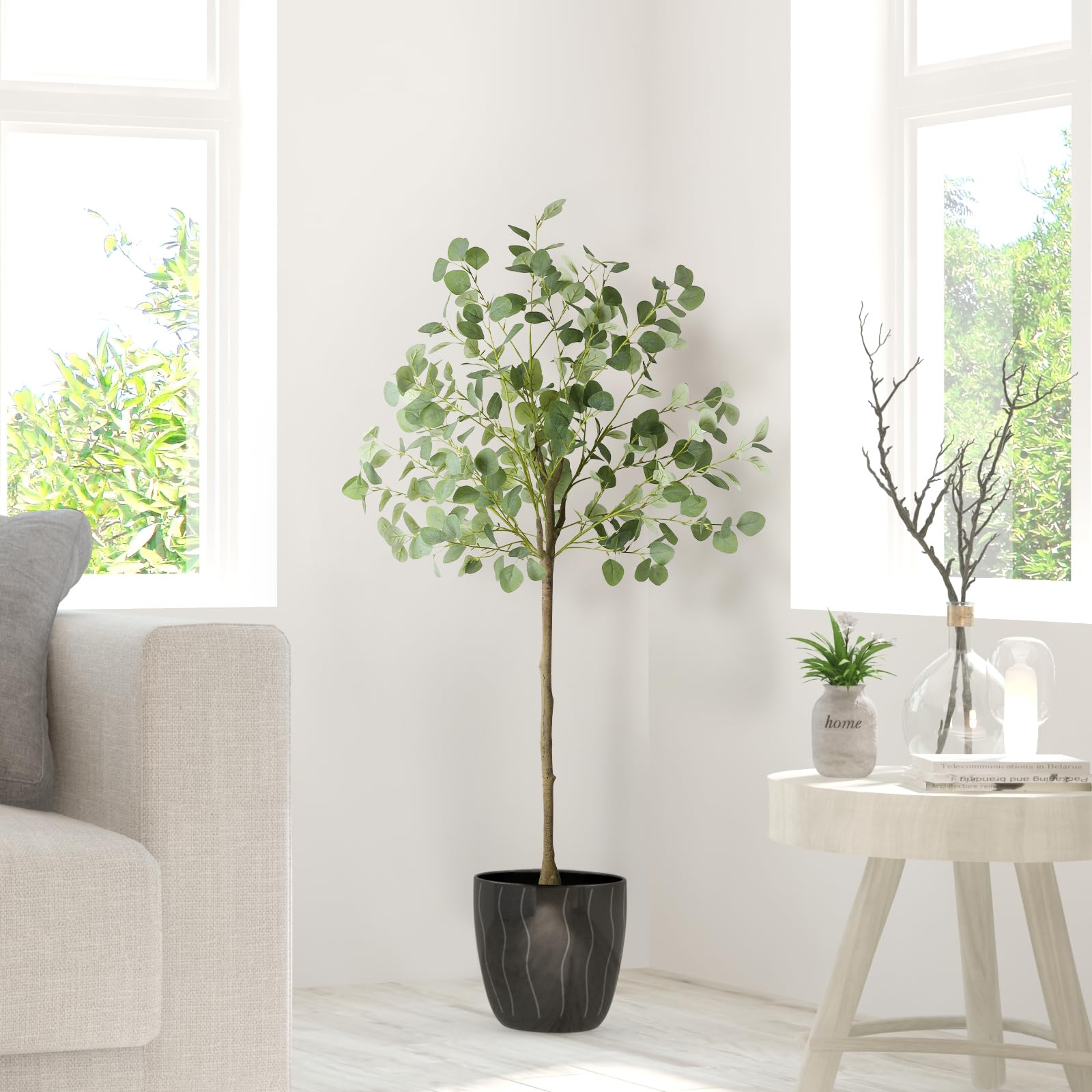Artificial Eucalyptus Tree,5Ft Tall Fake Potted Tree Silk Faux Eucalyptus Tree with Plastic Nursery Pot, Artificial Plants for Home Office Indoor Decor