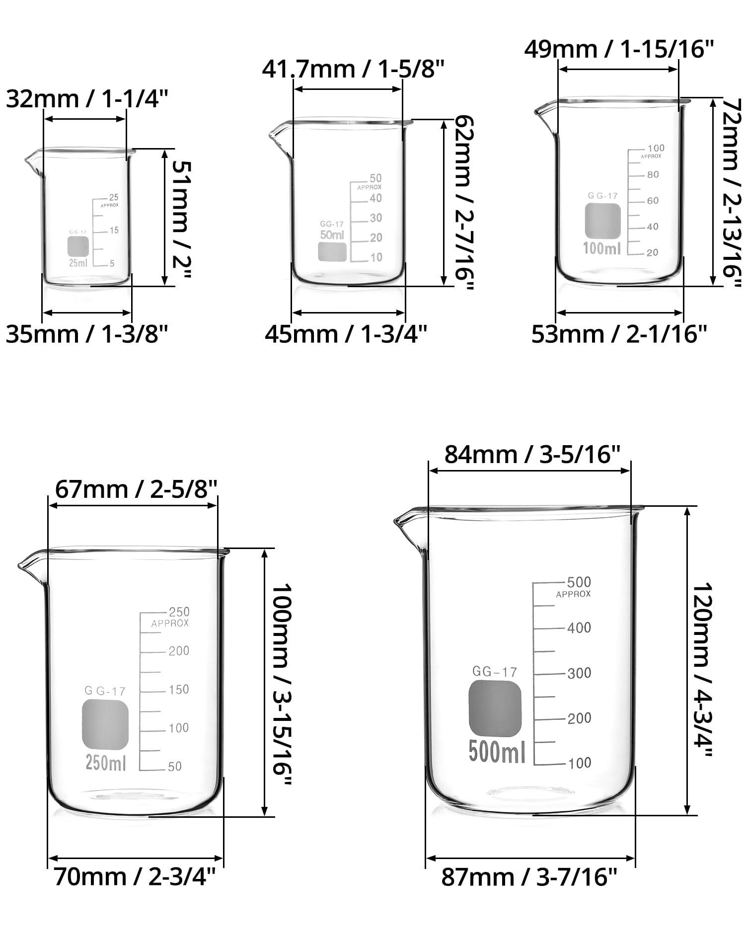 Zlewka laboratoryjna, 5-częściowy zestaw zlewek ze szkła borokrzemianowego z podziałką 5–100 ml do laboratorium i kuchni(25ml - 500ml)
