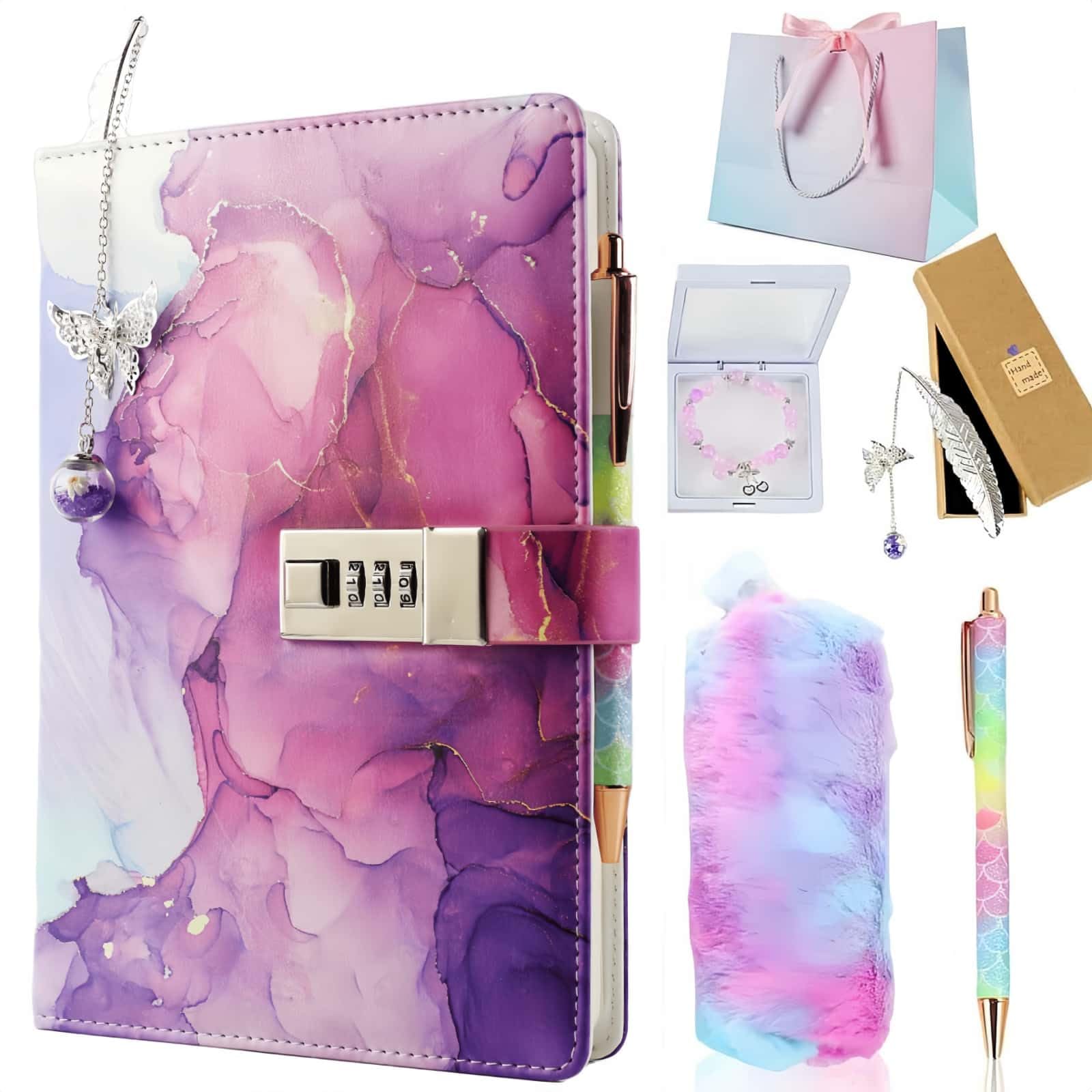 Set de Diario Secreto Niña con Candado, Kit Papelería de Mariposa incluye Diario con Candado Bolígrafo de 6 Colore Mini Bloc de Notas Regla Borrador y Sacapuntas Cuaderno Niño Regalo Niña 6-10