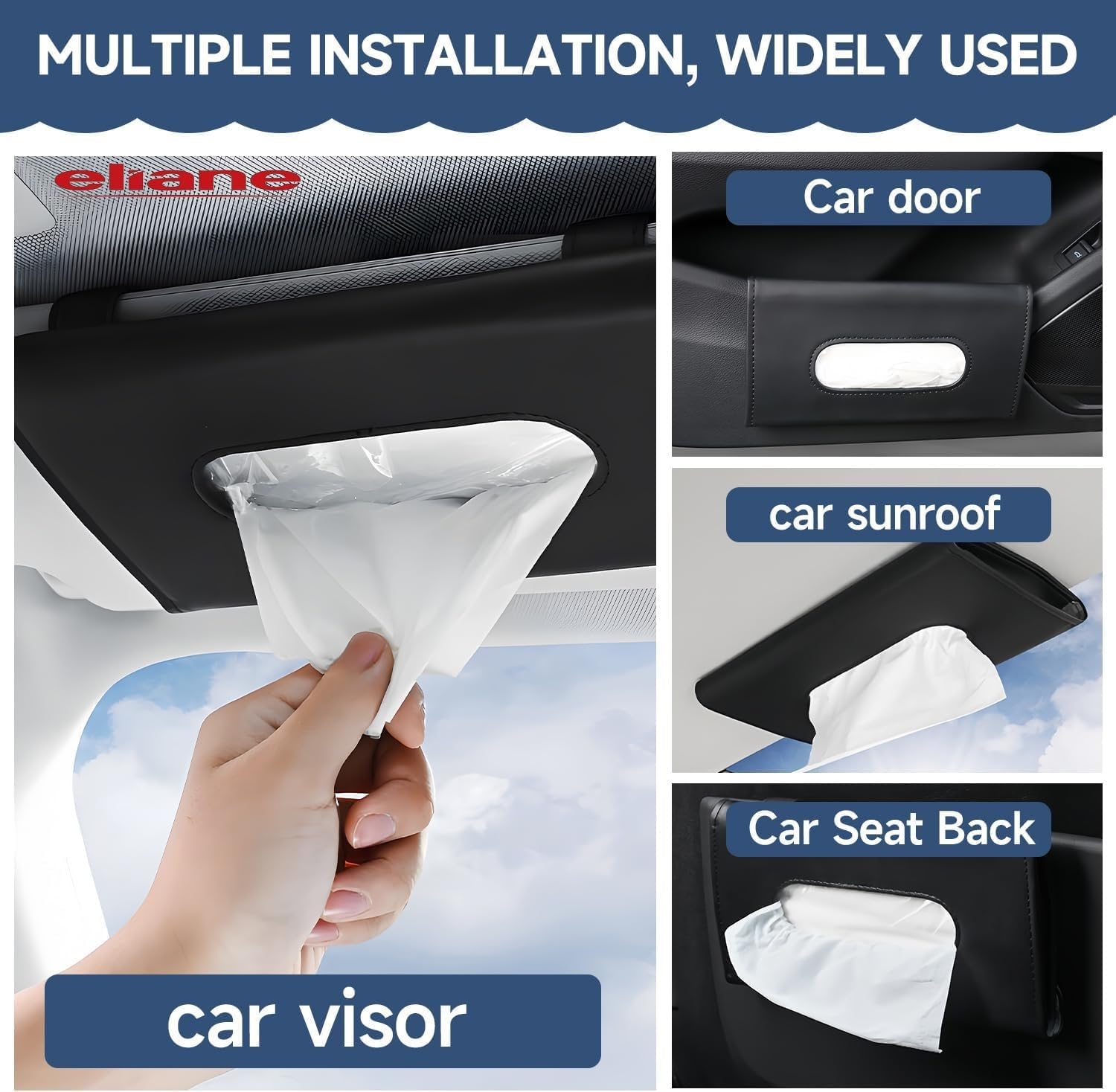 Eliane Car Tissue Holder Sun Visor Napkin for Upgraded Version Hanging Premium PU Leather Universal Auto Easy Use Mask Dispenser Box with Refill (Black, 1 Pcs) - Image 3 thumbnail